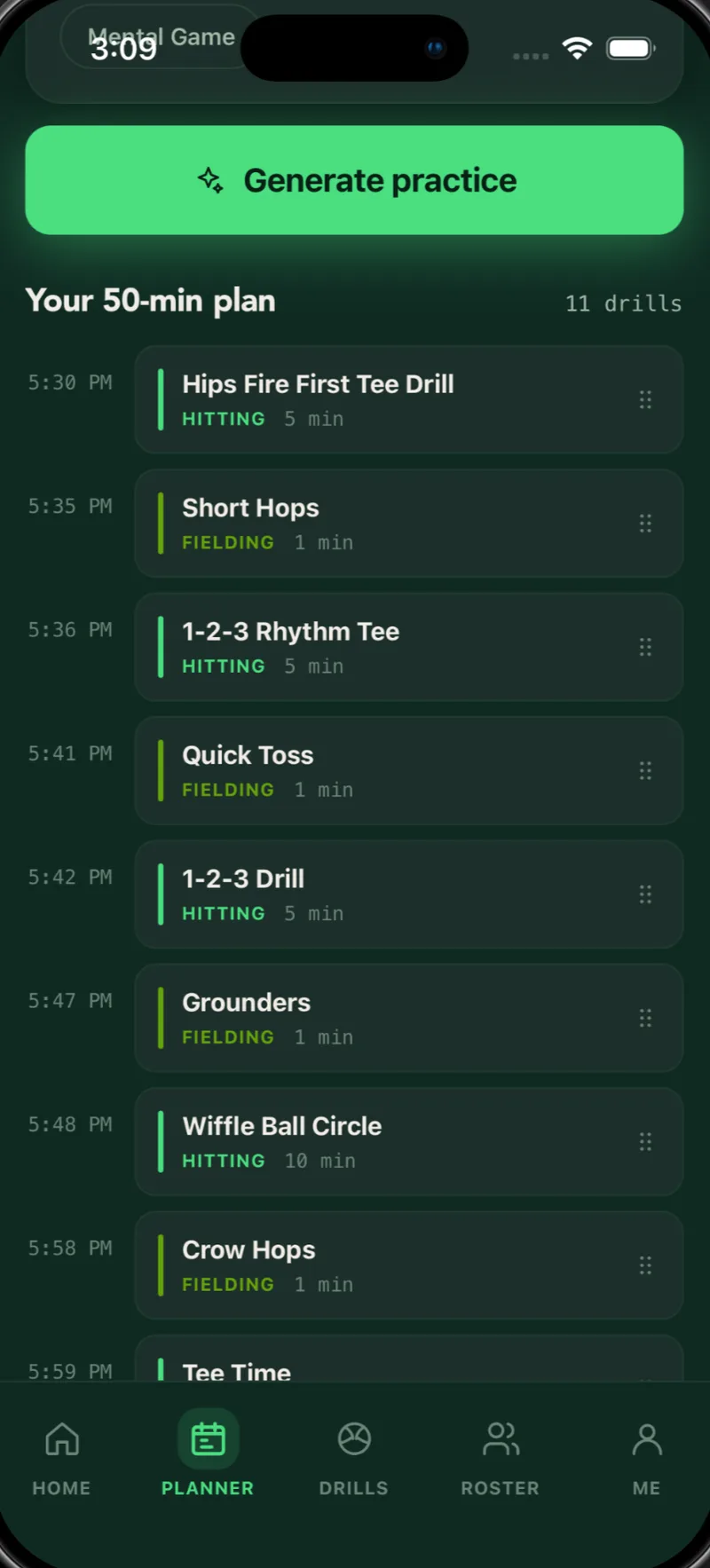 A generated 50-minute practice plan listing timed drills such as Hips Fire First Tee Drill, Short Hops, and Wiffle Ball Circle.
