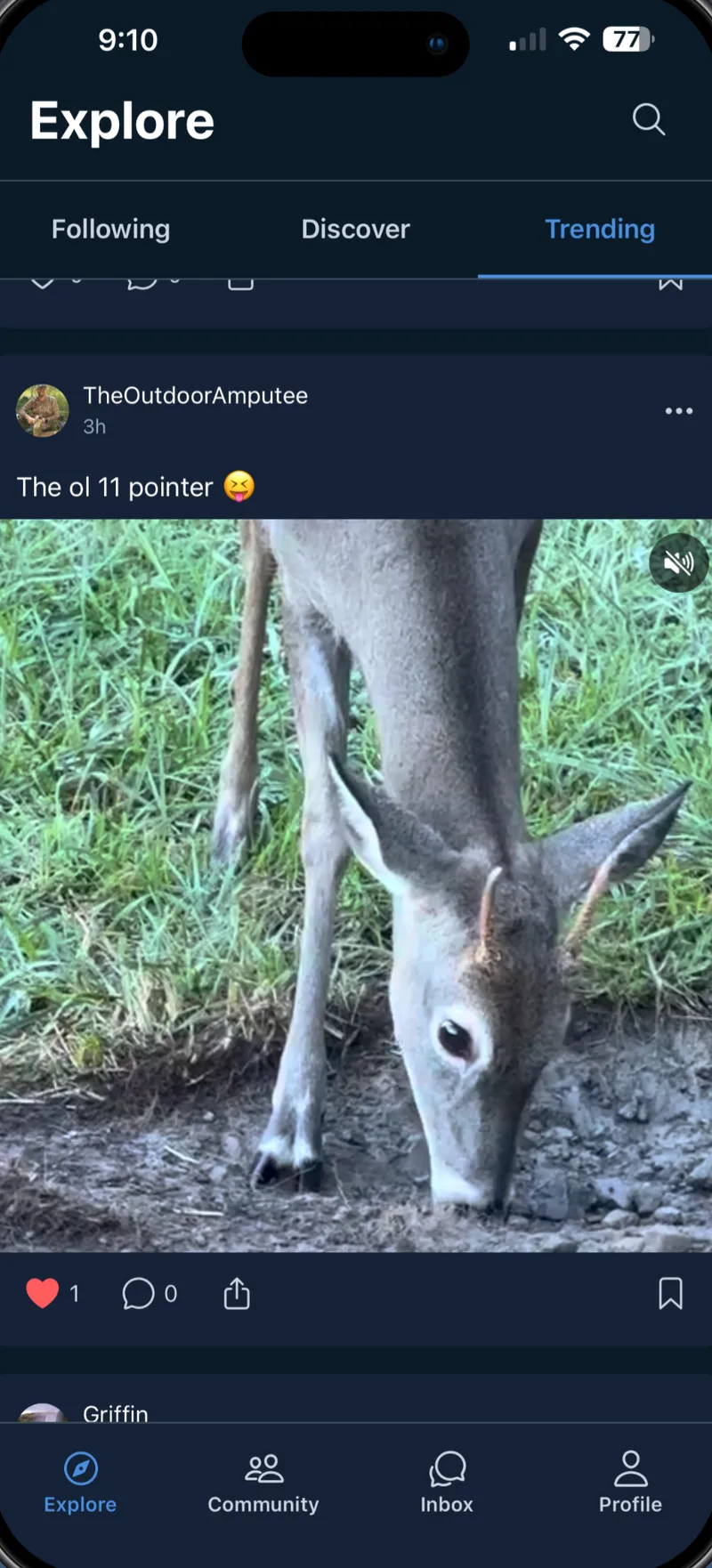 TrailTalk Explore feed on the Trending tab showing a photo post of a deer with the caption 'The ol 11 pointer'.