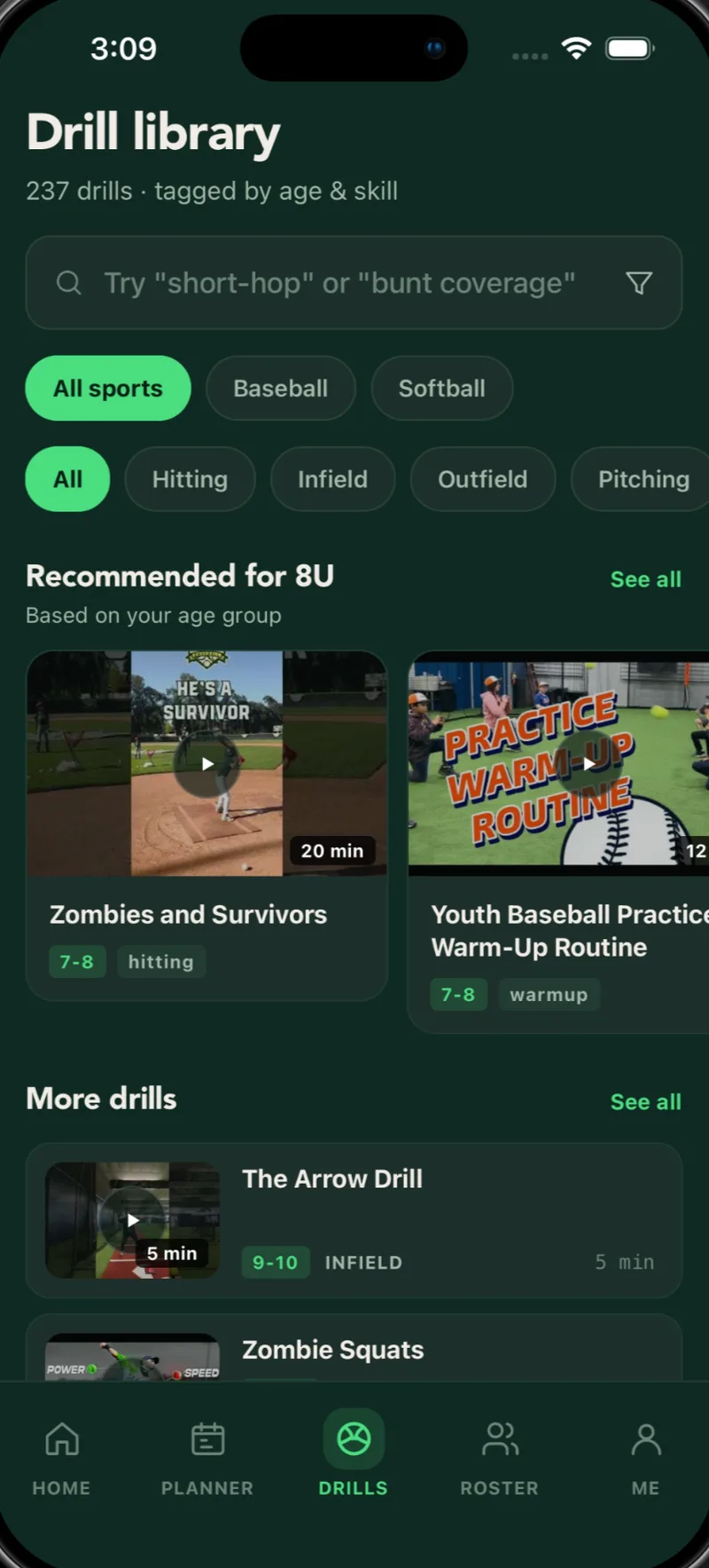 Drill library of 237 drills with search, sport and skill filters, and video drill cards recommended for 8U.
