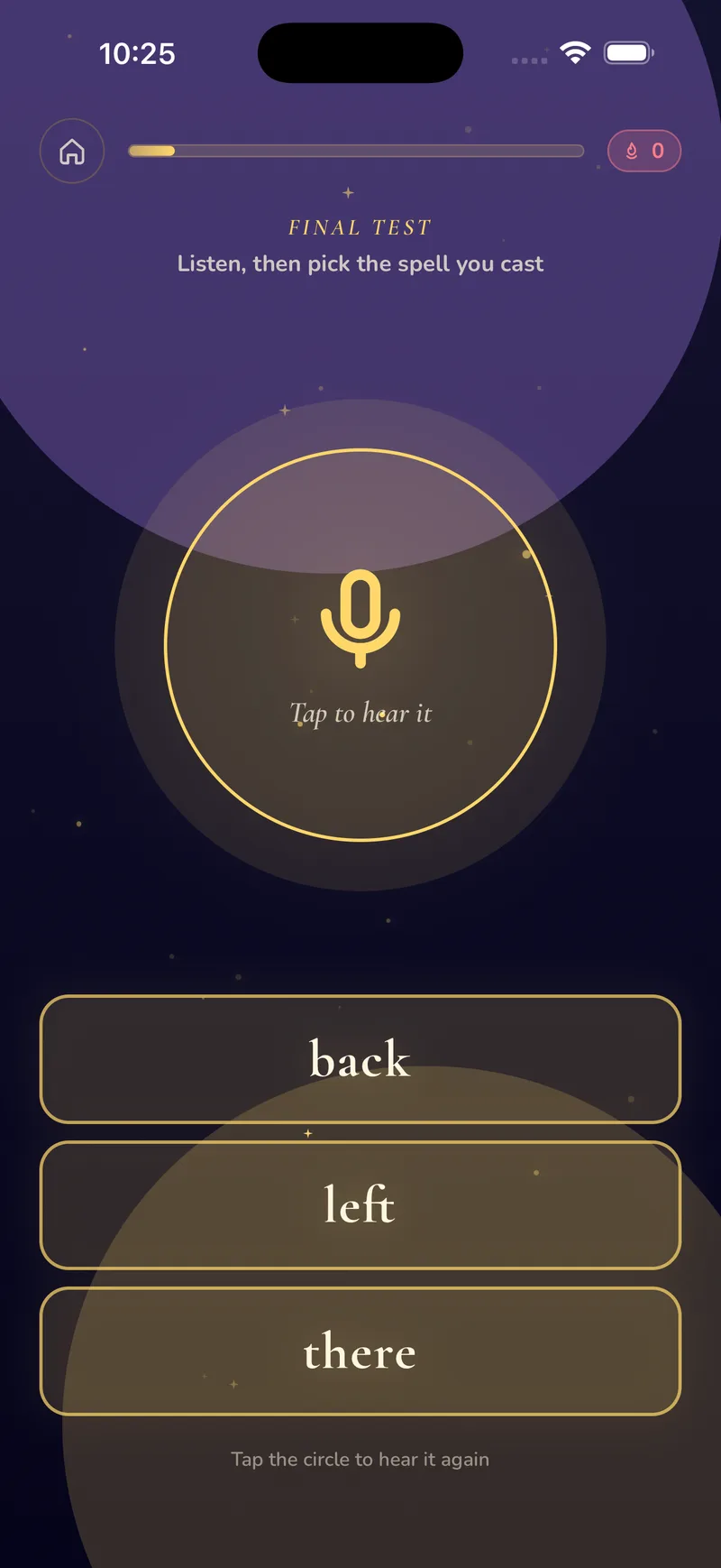 Comprehension test with a microphone button to hear the word and three answer choices: back, left, there.