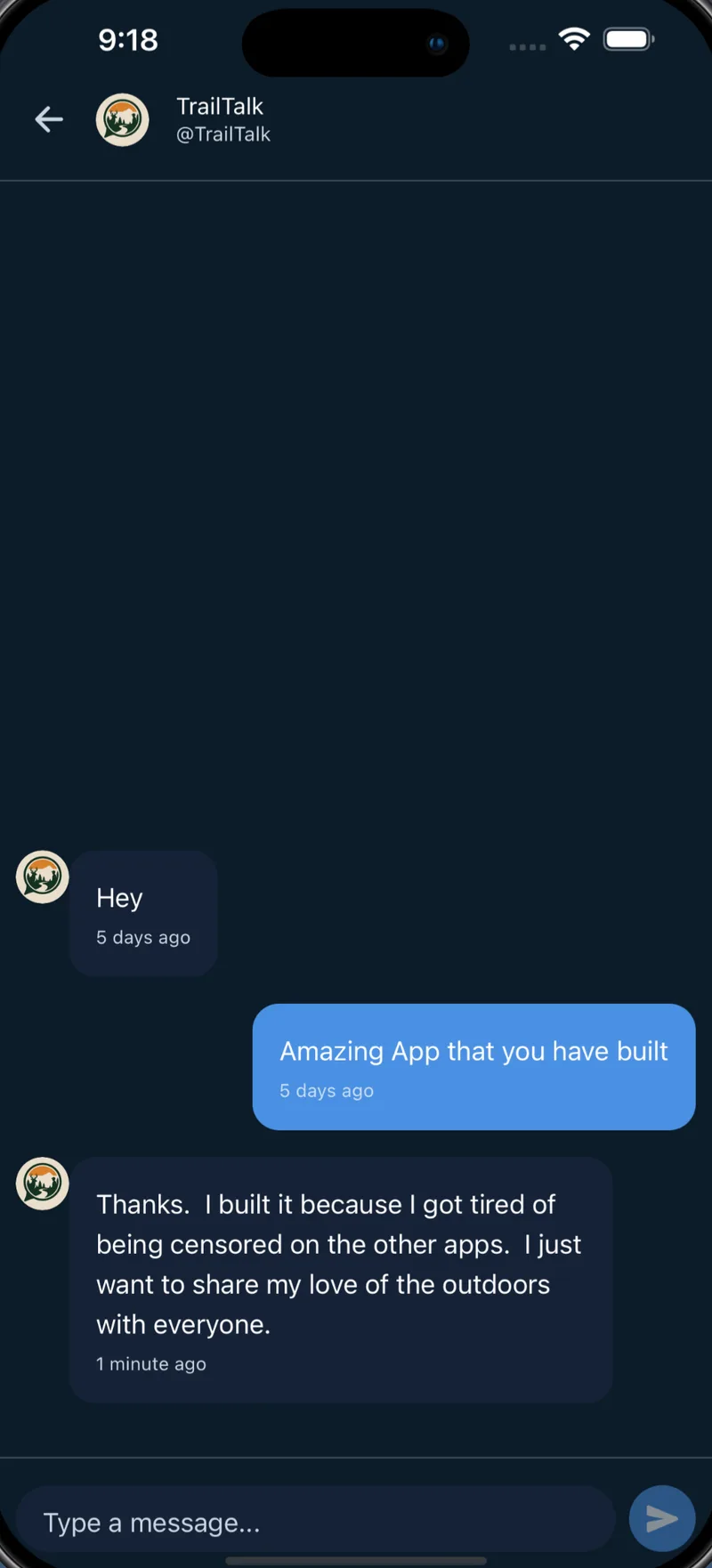 A one-to-one chat thread in TrailTalk with a message composer at the bottom.