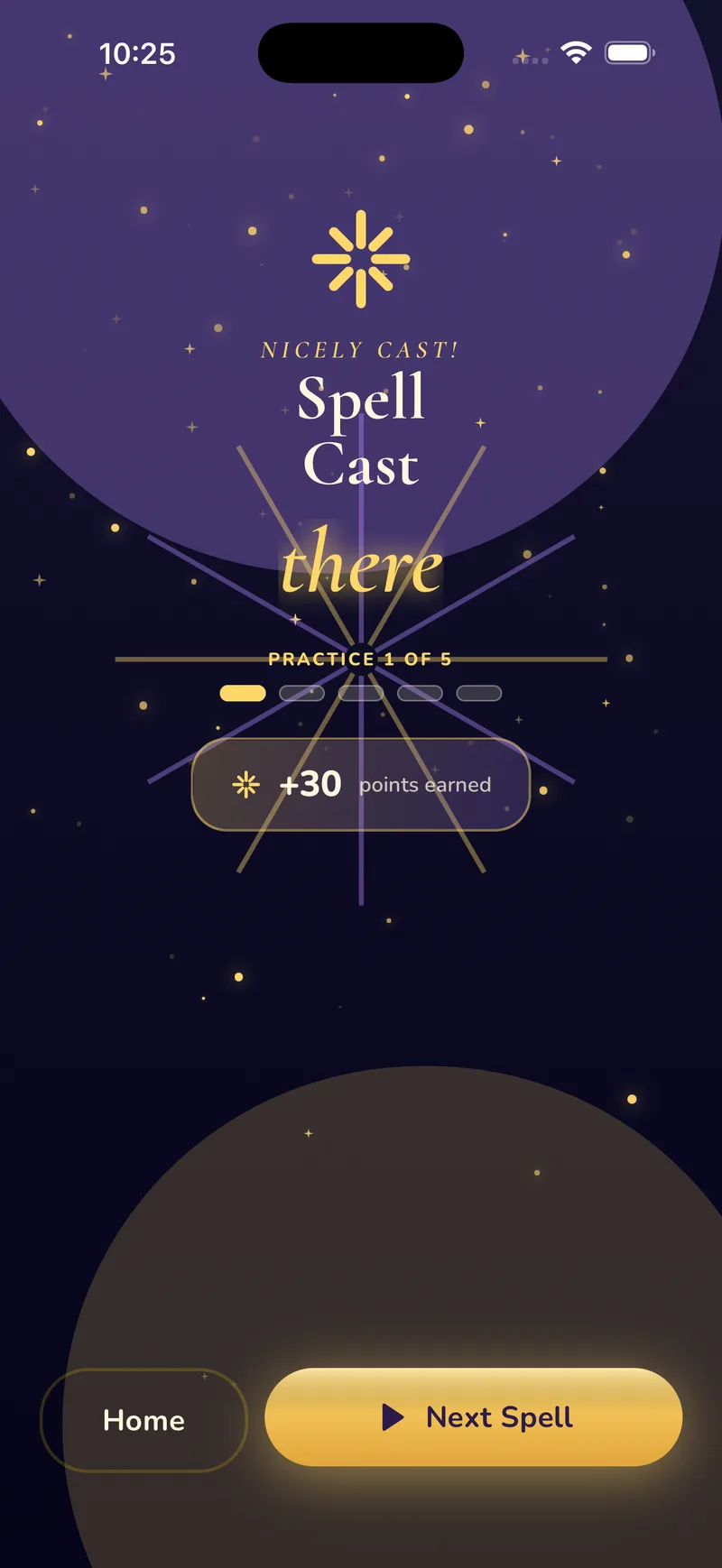Celebration screen reading 'Nicely cast! Spell Cast there' with 30 points earned and a Next Spell button.