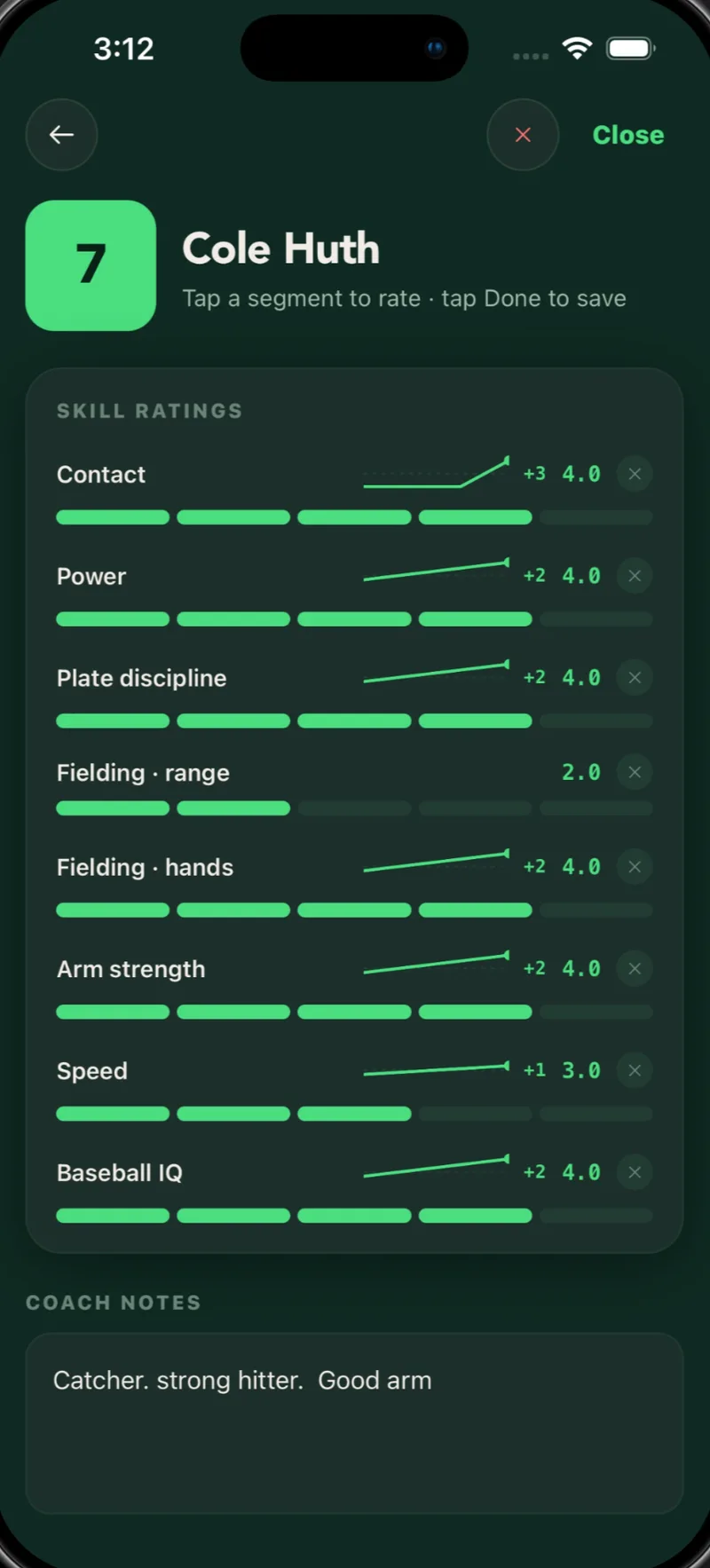 Player growth card for a catcher showing eight skill ratings with trend sparklines and coach notes.