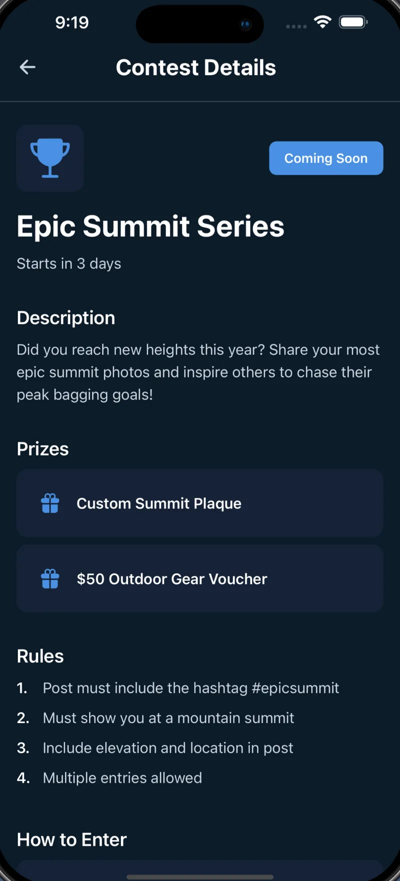 Contest details for the Epic Summit Series listing the description, prizes, and hashtag entry rules.