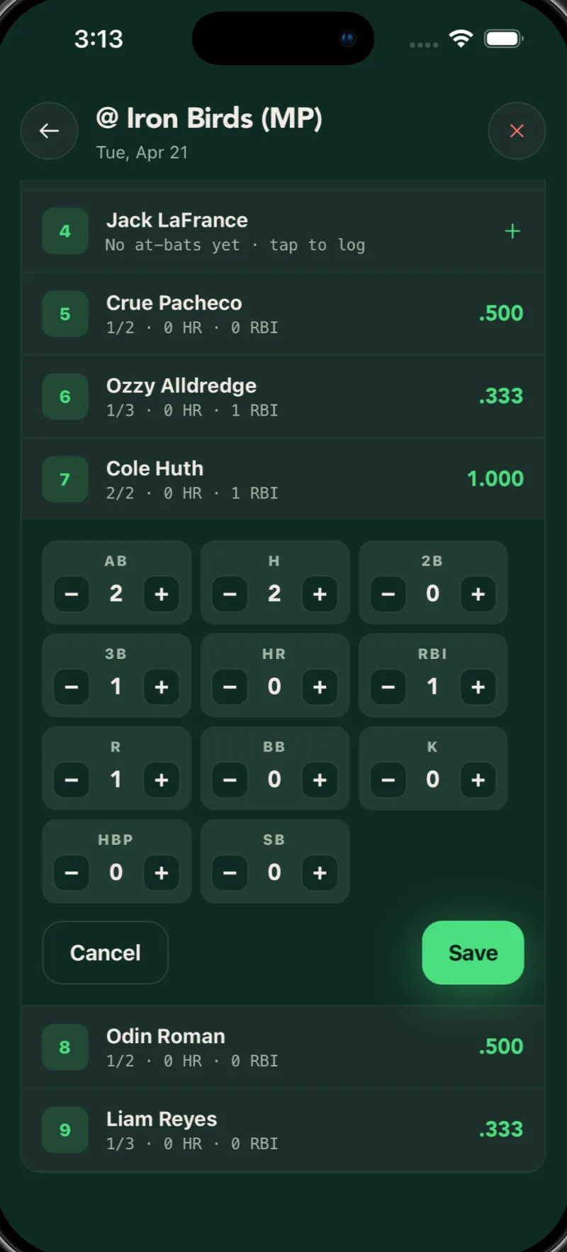 Live game stat logging screen with the batting order, per-player averages, and tap counters for hits, walks, and outs.