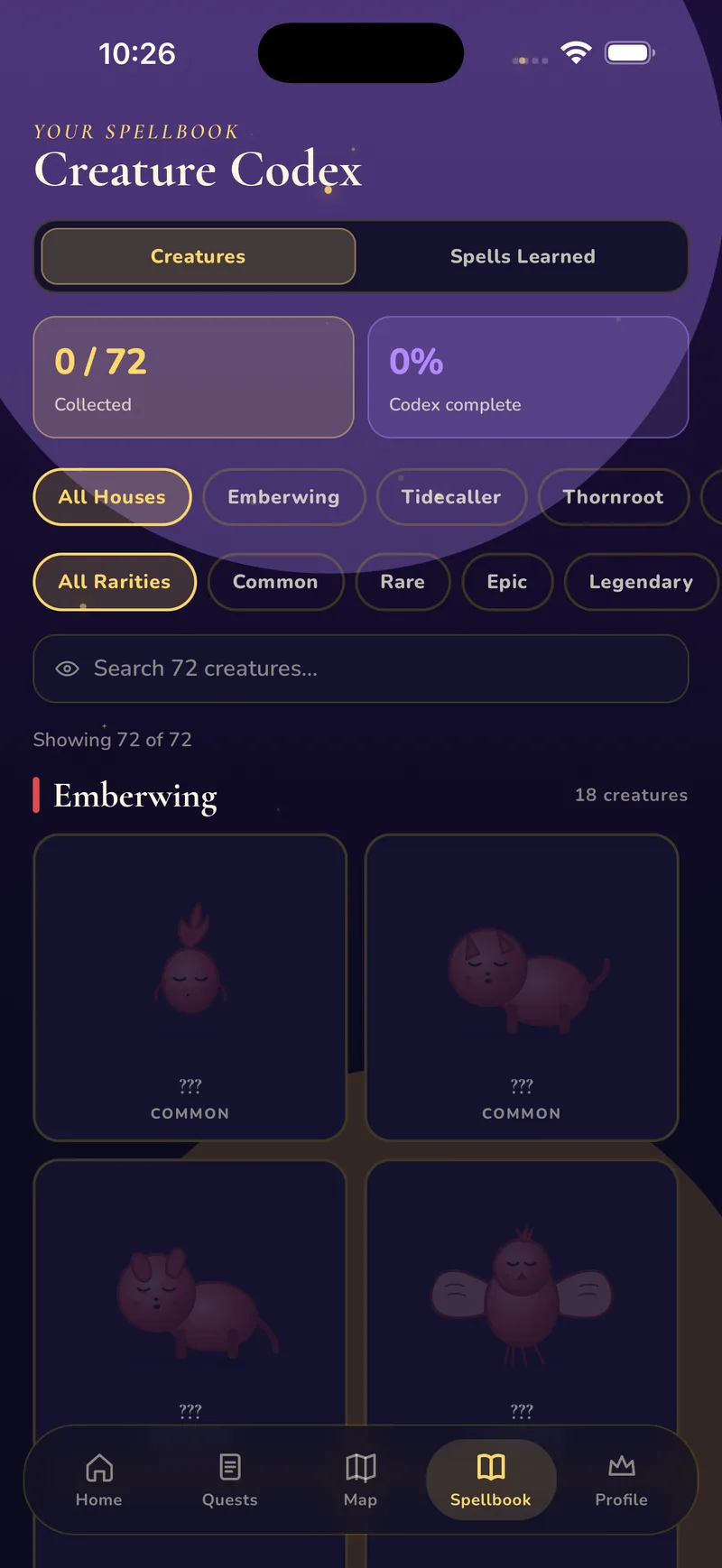 Creature Codex spellbook showing 0 of 72 creatures collected with house and rarity filters and locked Emberwing creature cards.