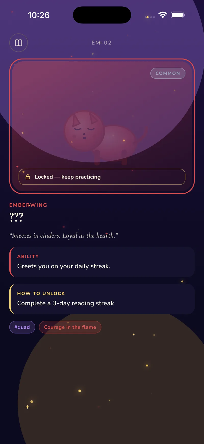 Locked creature detail card for an Emberwing creature with lore, ability, and how to unlock it by a 3-day reading streak.