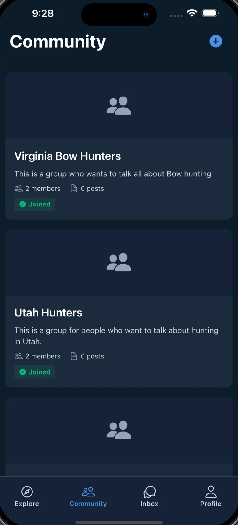 Community tab listing groups such as Virginia Bow Hunters and Utah Hunters with member counts and Joined badges.