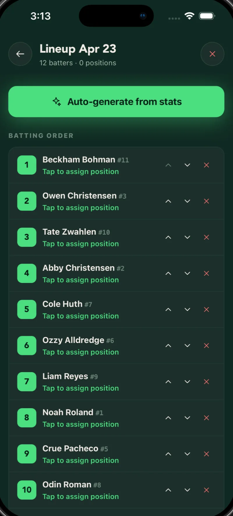 Lineup builder for a game with twelve batters, an auto-generate-from-stats button, and drag handles to assign positions.