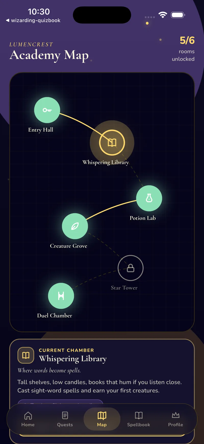 Academy Map of Lumencrest showing chambers such as Entry Hall, Whispering Library, Potion Lab, and Star Tower connected by paths, with 5 of 6 rooms unlocked.