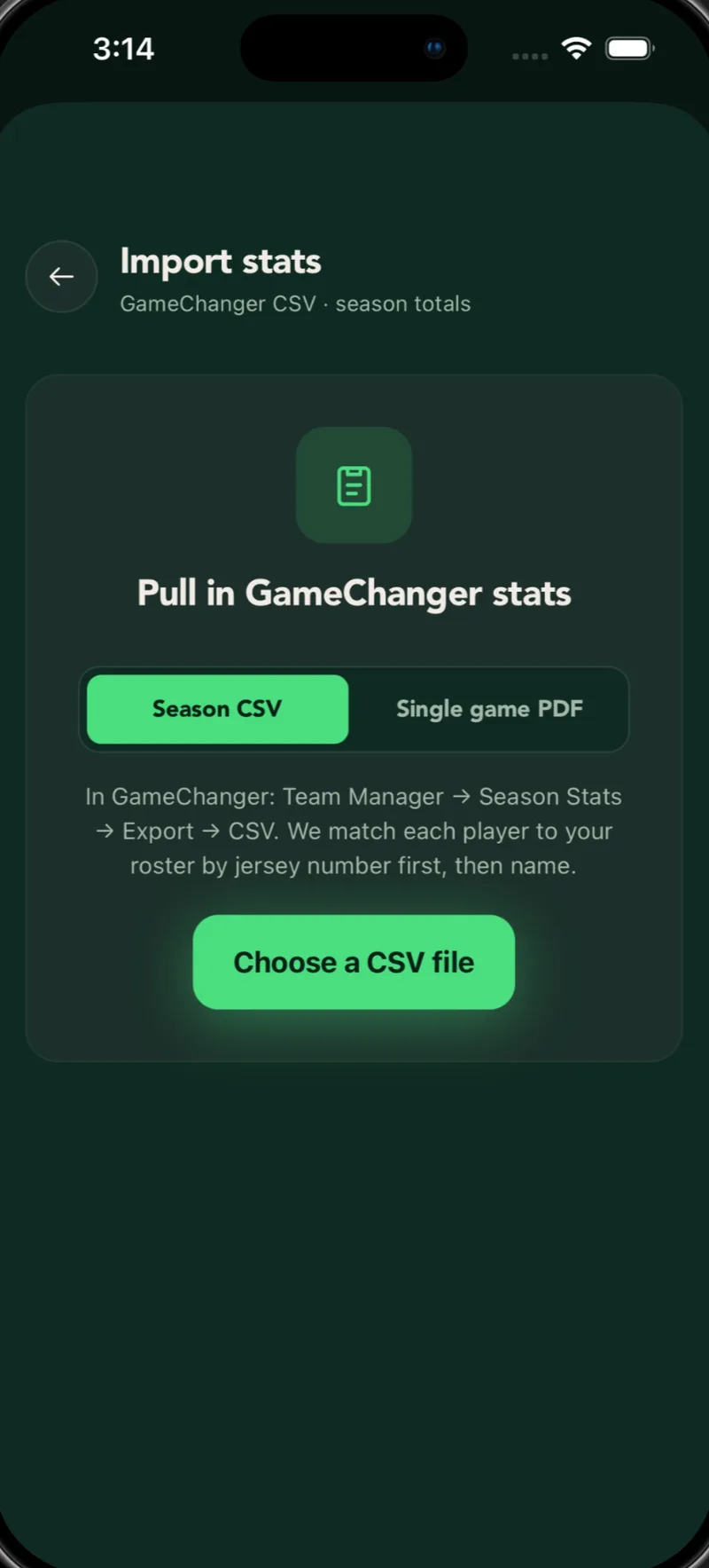 Import stats screen for pulling GameChanger season CSV or single-game PDF box scores into the roster.