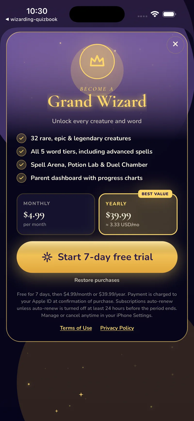 Grand Wizard paywall listing monthly and yearly prices, what unlocks, and a Start 7-day free trial button.