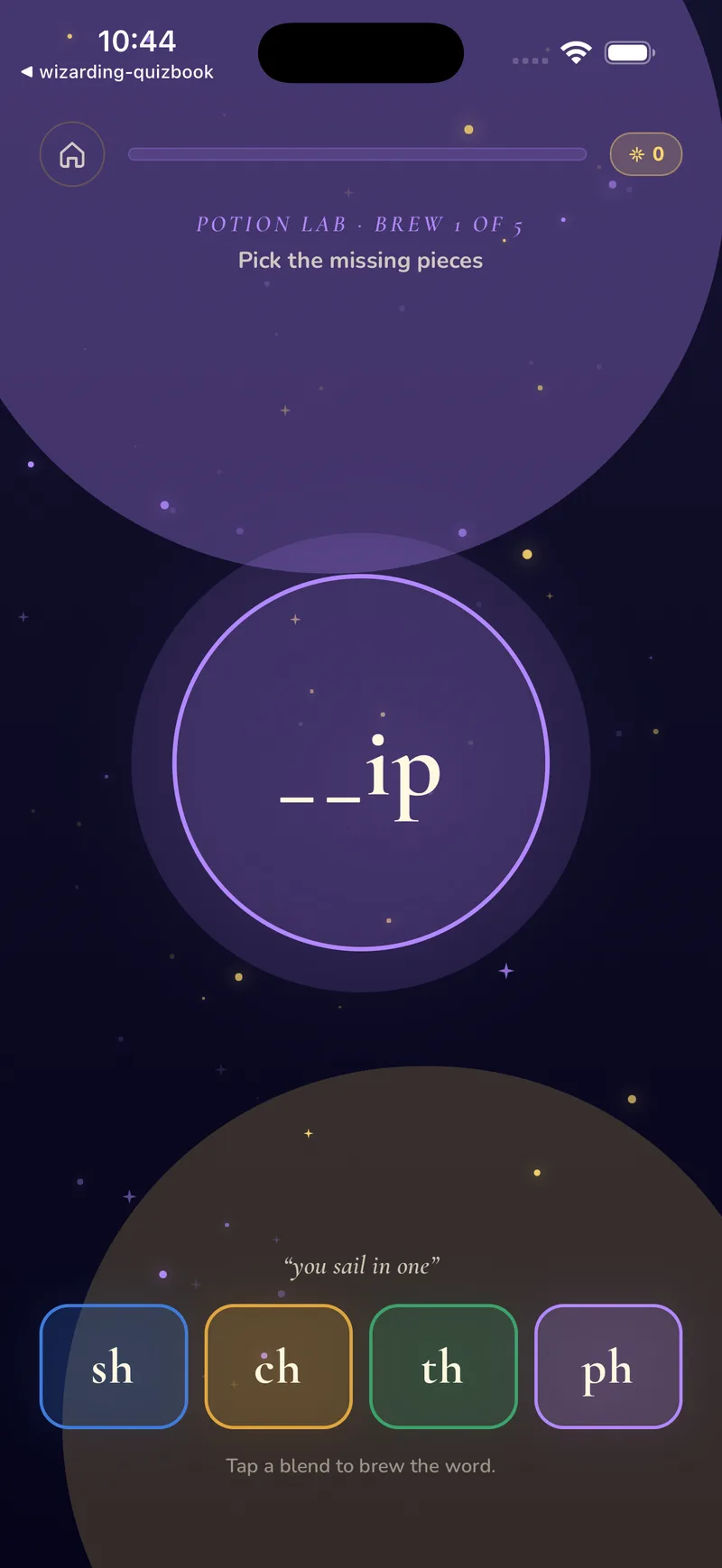 Potion Lab game showing the word blank '__ip' with digraph choices sh, ch, th, and ph.