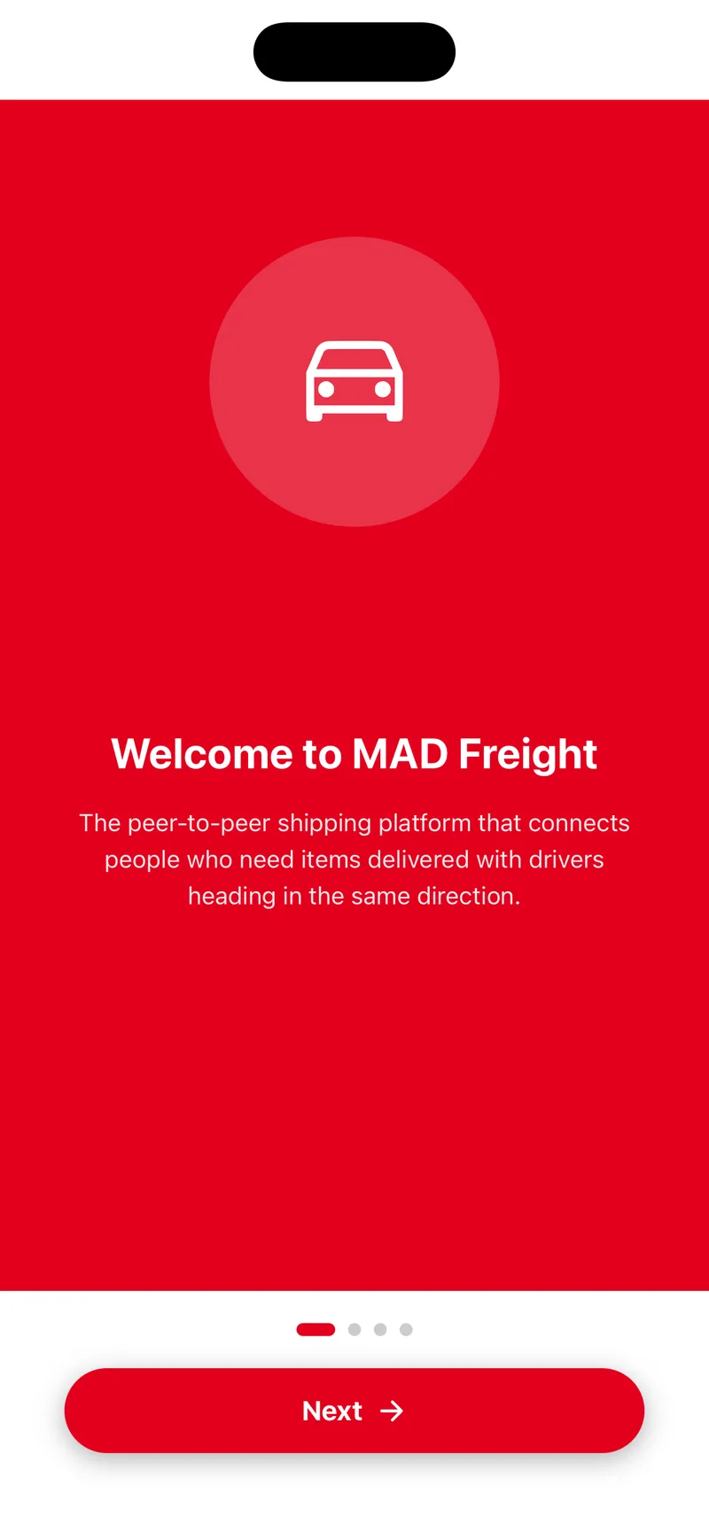 Onboarding slide reading Welcome to MAD Freight, the peer-to-peer shipping platform that connects people who need items delivered with drivers heading the same direction.