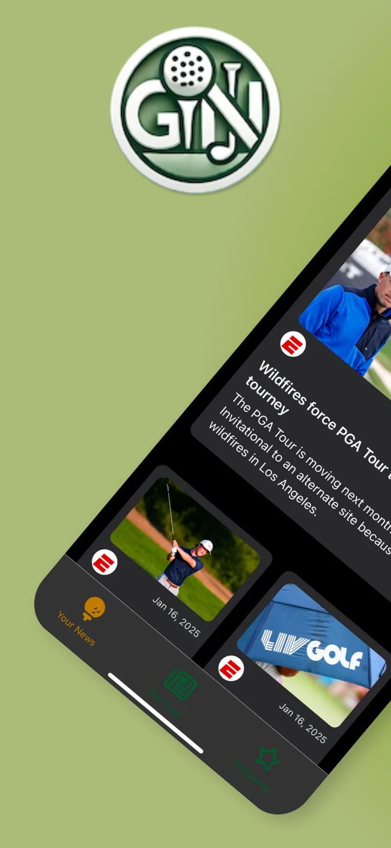 Golf News Now store artwork: the GNN logo above an angled phone showing the Your News feed with a Genesis Invitational story.