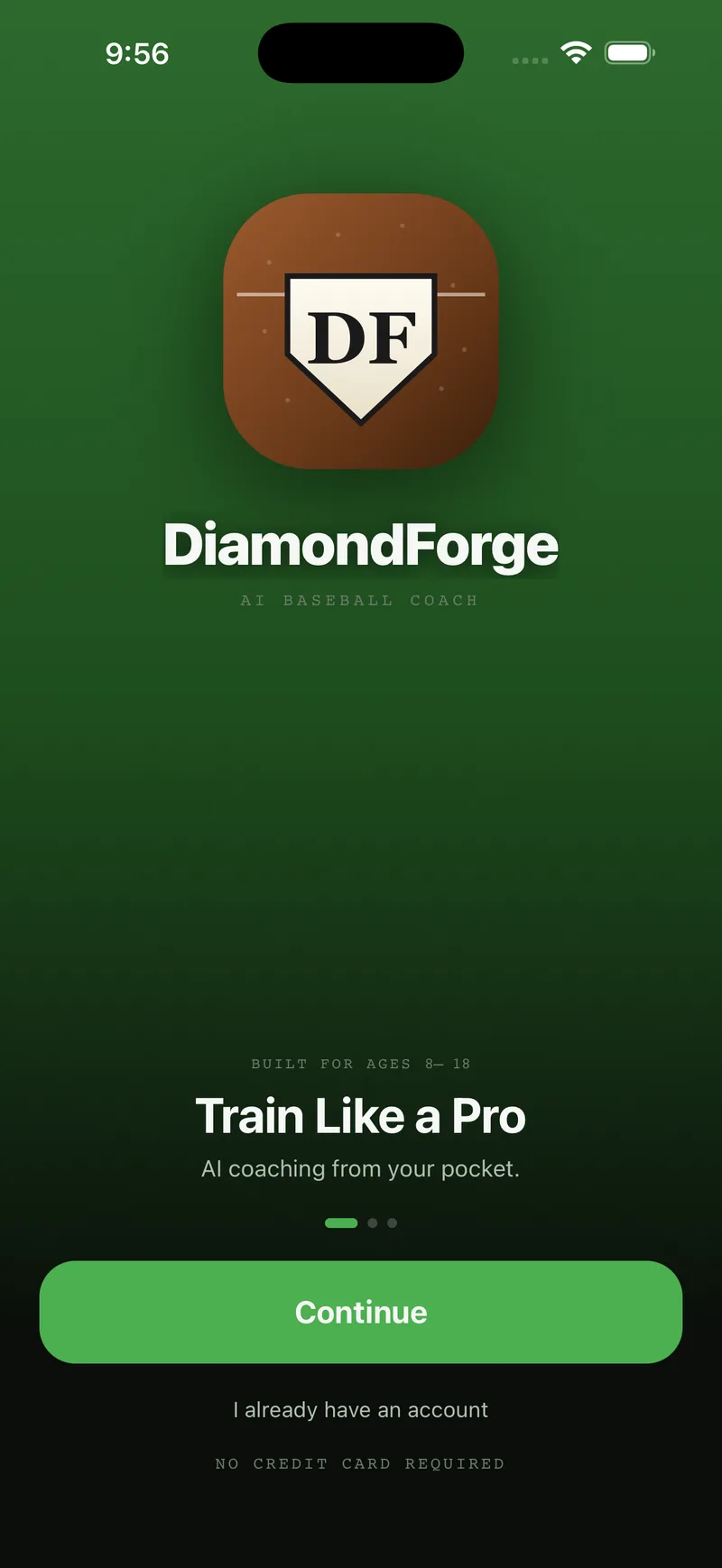 Welcome slide with the DiamondForge logo and the headline Train Like a Pro, AI coaching from your pocket.