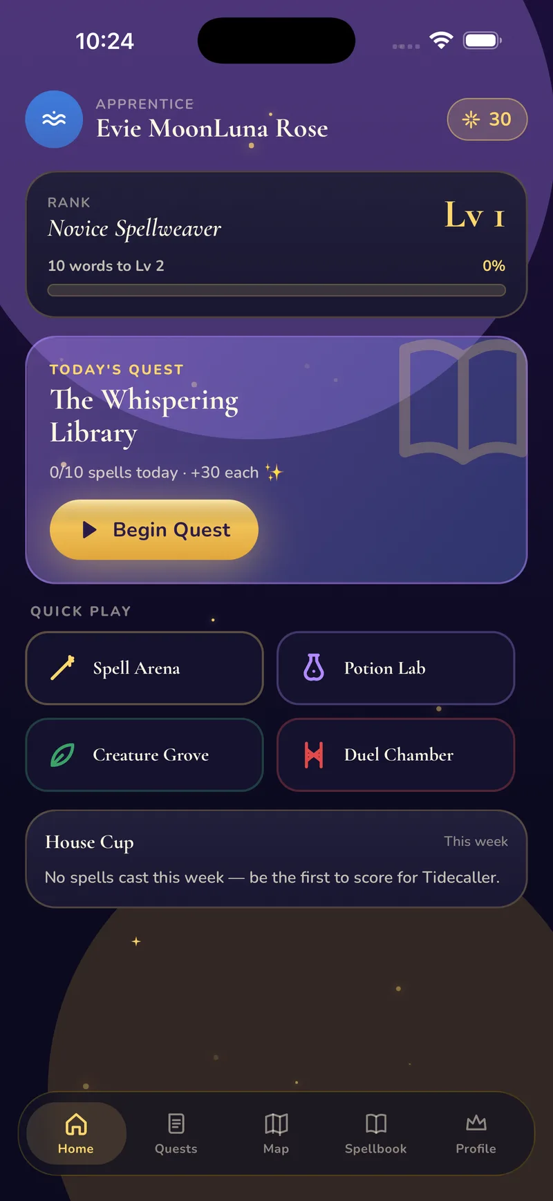 Wizarding Quizbook: Wizarding Quizbook home screen for apprentice Evie MoonLuna Rose showing rank Novice Spellweaver, today's quest in the Whispering Library, quick play chambers, and the House Cup.
