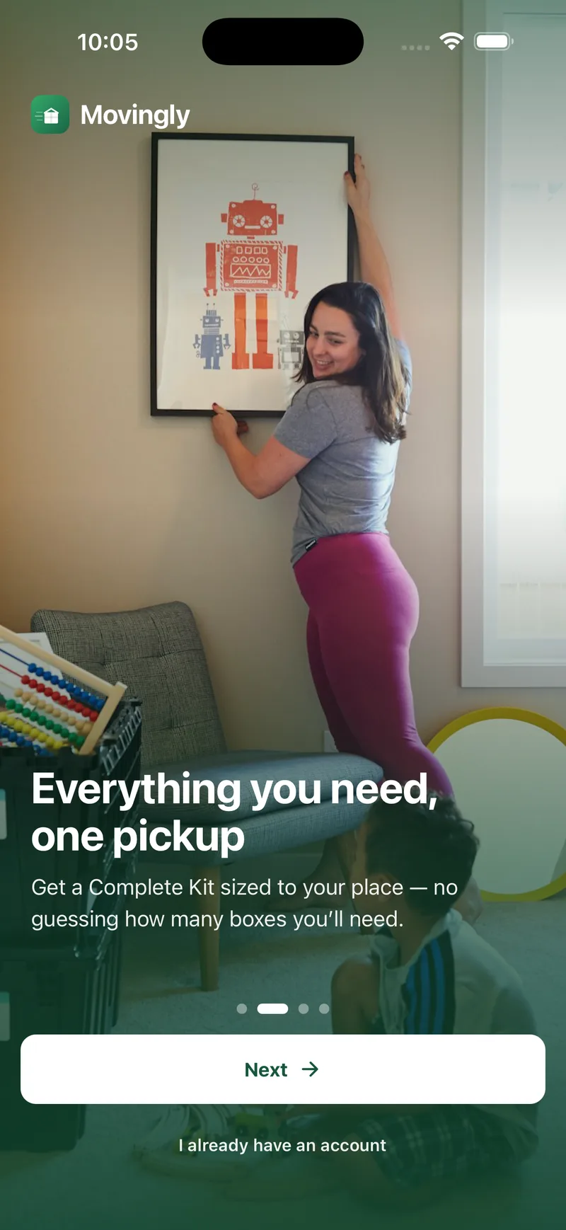 Onboarding slide reading Everything you need, one pickup, get a Complete Kit sized to your place.