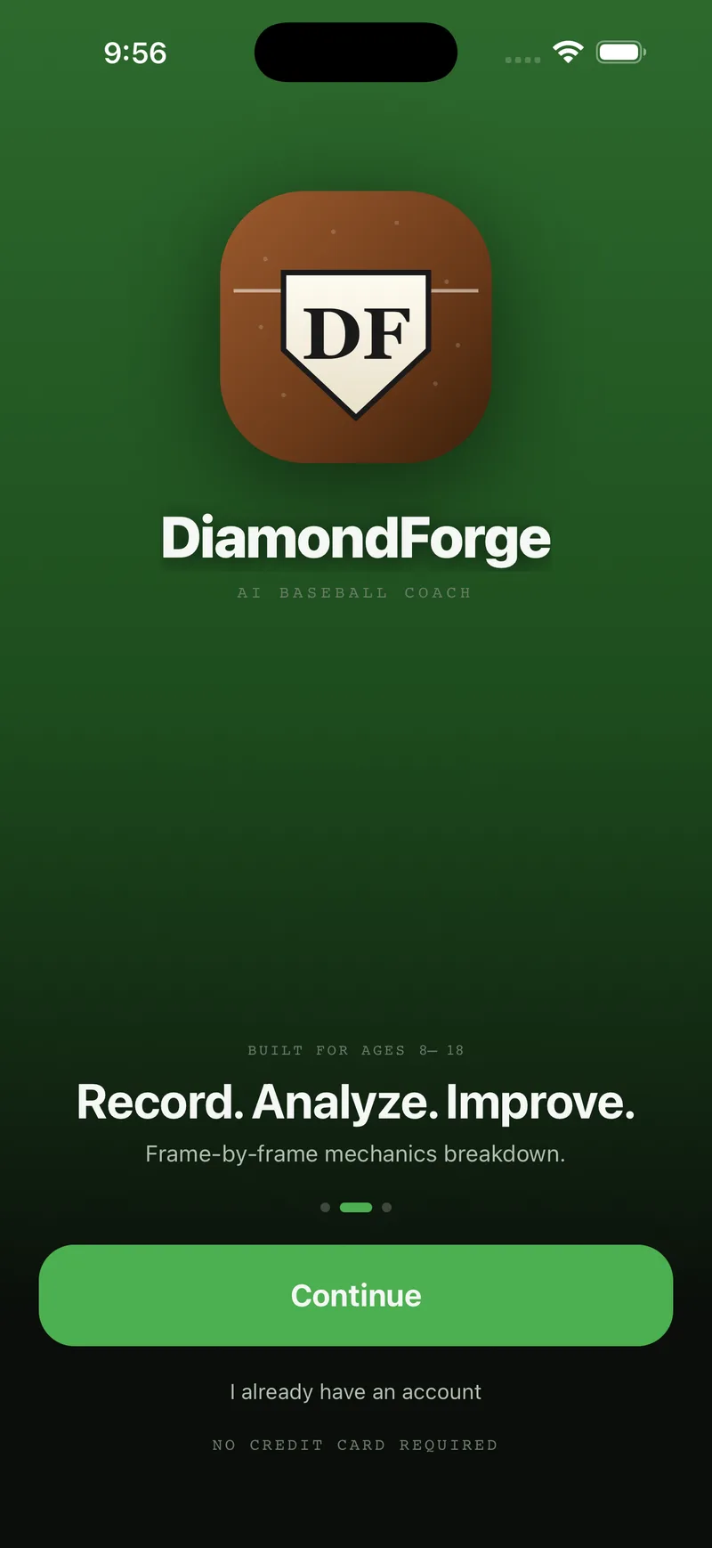 Welcome slide reading Record. Analyze. Improve. with the subhead Frame-by-frame mechanics breakdown.