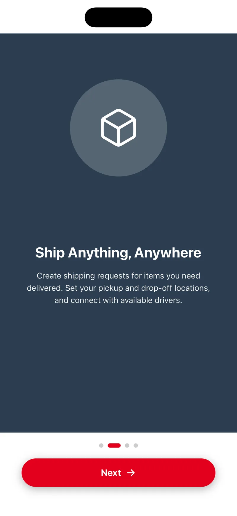 Onboarding slide reading Ship Anything, Anywhere, explaining how to create shipping requests and connect with drivers.