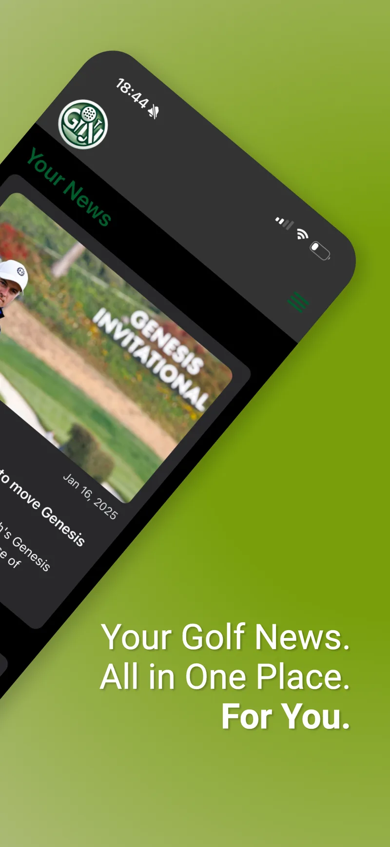 Golf News Now store artwork reading 'Your Golf News. All in One Place. For You.' beside an angled phone.