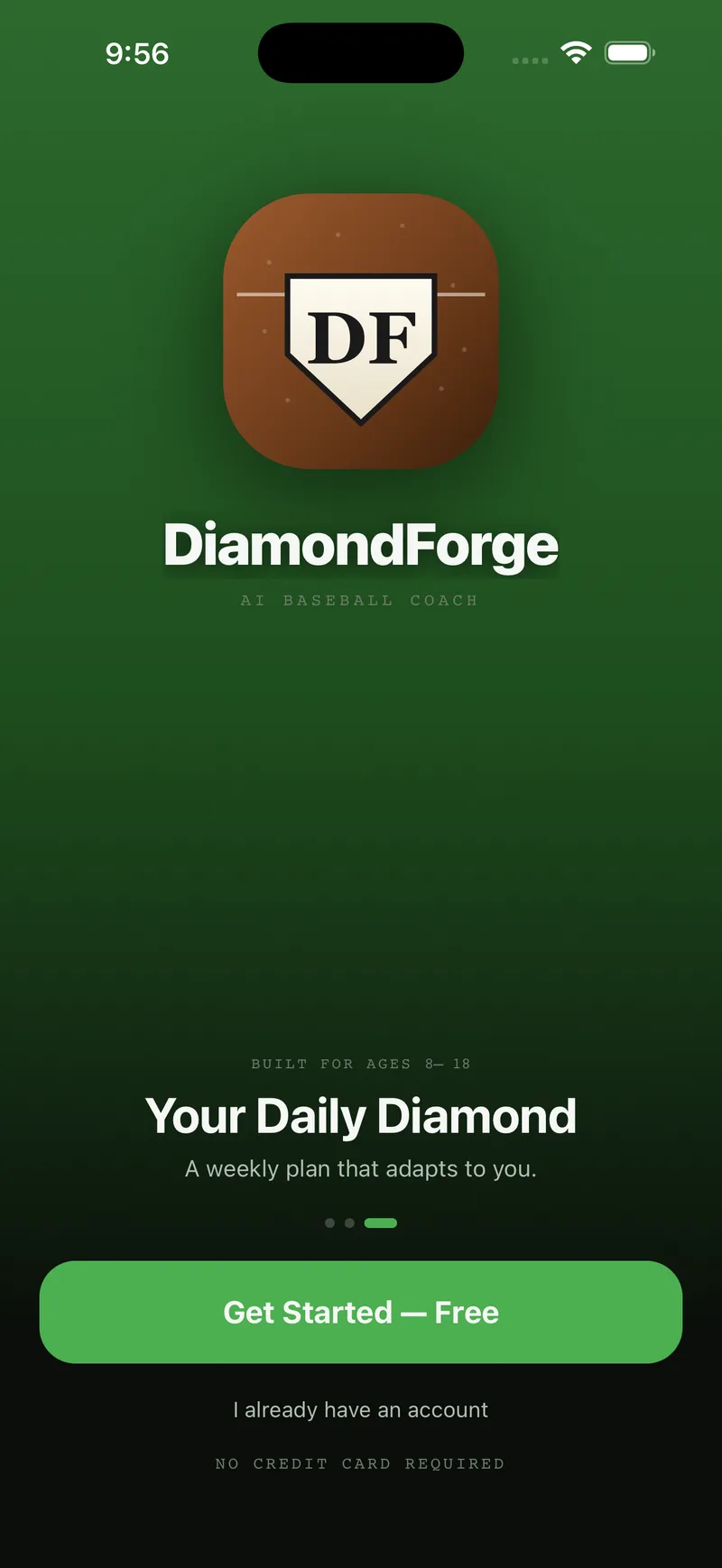Welcome slide reading Your Daily Diamond, a weekly plan that adapts to you, with a Get Started Free button.