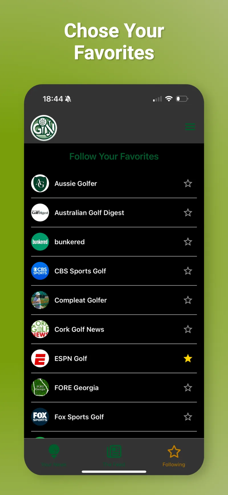 Choose Your Favorites screen listing golf sources such as Golf Digest, ESPN Golf, and Fox Sports Golf with star toggles.