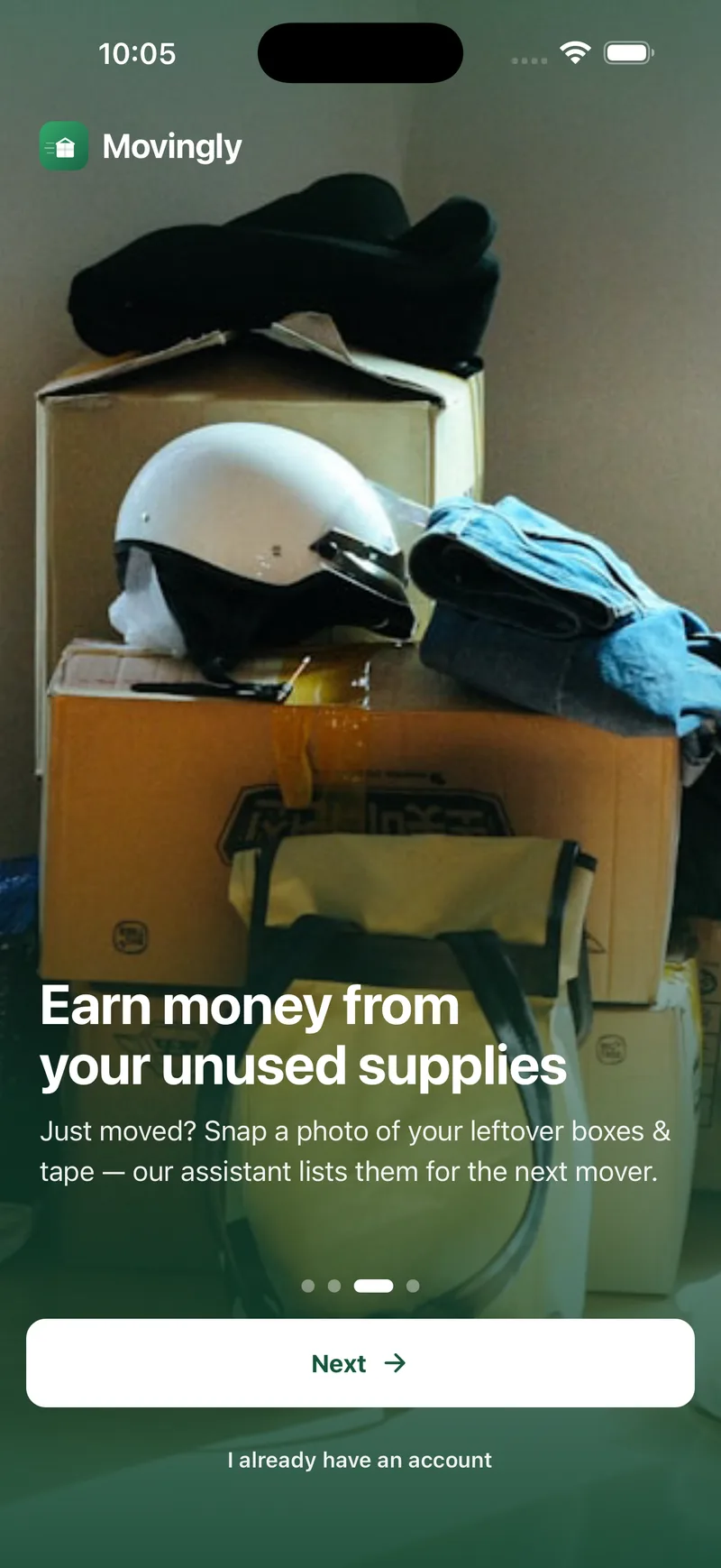 Onboarding slide reading Earn money from your unused supplies, snap a photo and the assistant lists them for the next mover.