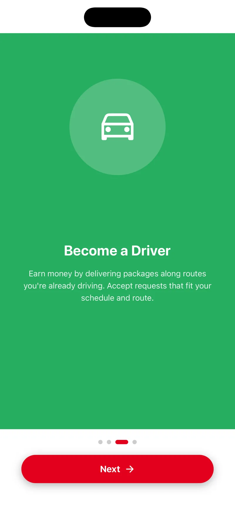 Onboarding slide reading Become a Driver, earn money by delivering packages along routes you're already driving.