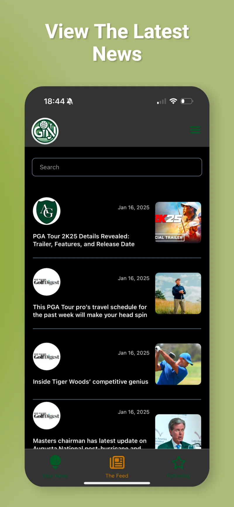 View the Latest News feed with a search bar and article cards from Golf Digest and PGA Tour dated January 2025.