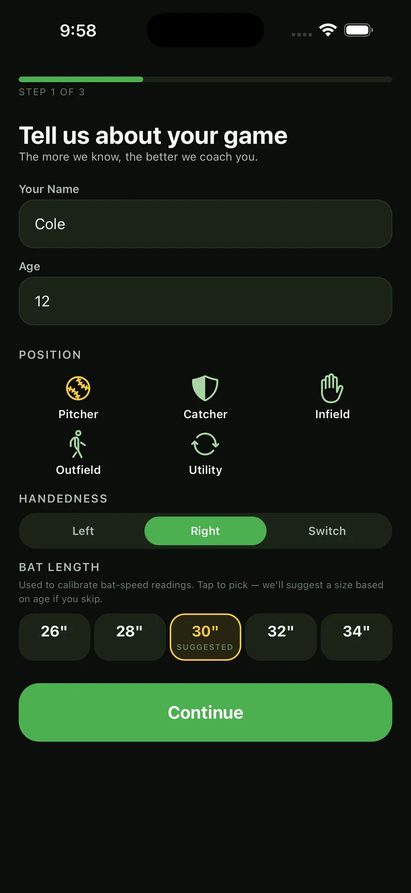 Onboarding step 1 of 3 asking for name, age, position, handedness, and bat length, with Pitcher and Right selected.