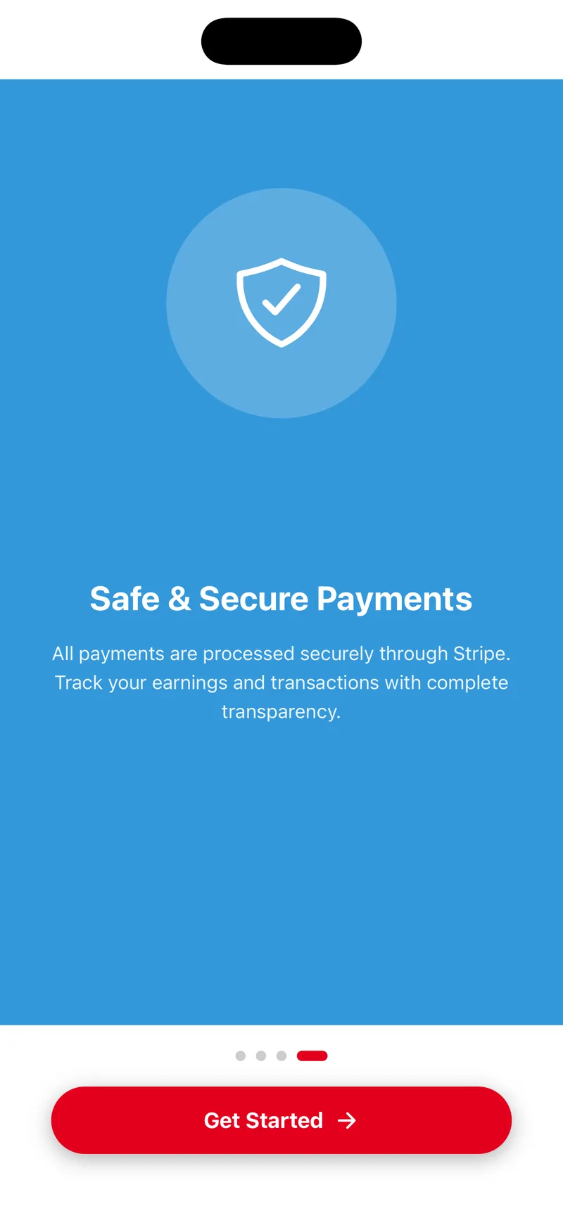 Onboarding slide reading Safe & Secure Payments, all payments processed securely through Stripe.