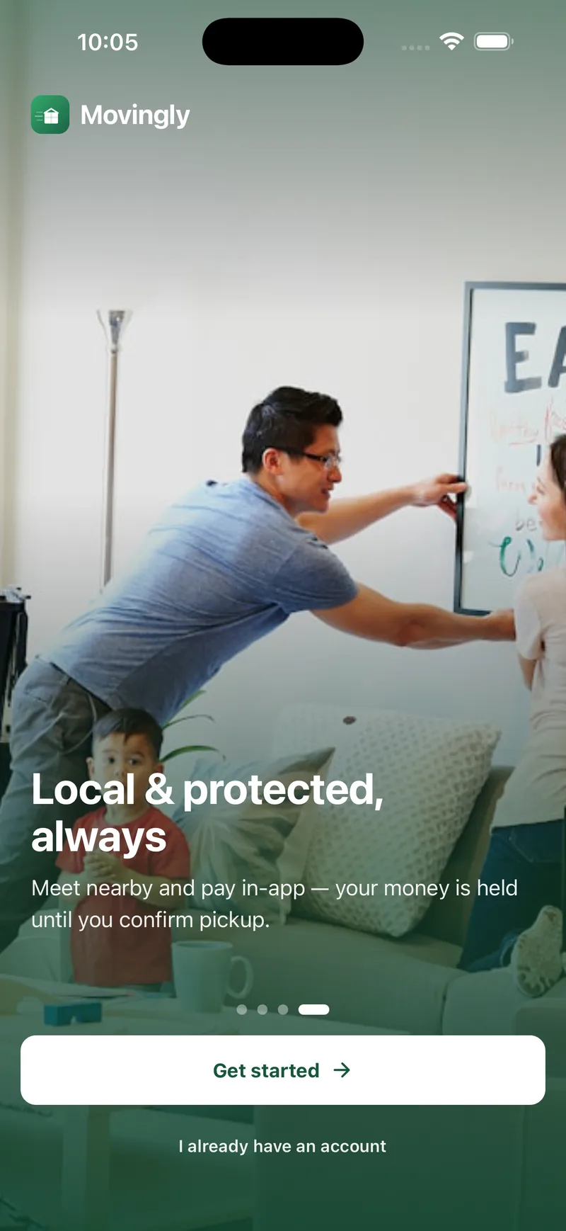 Onboarding slide reading Local and protected, always, meet nearby and pay in-app with money held until pickup is confirmed.