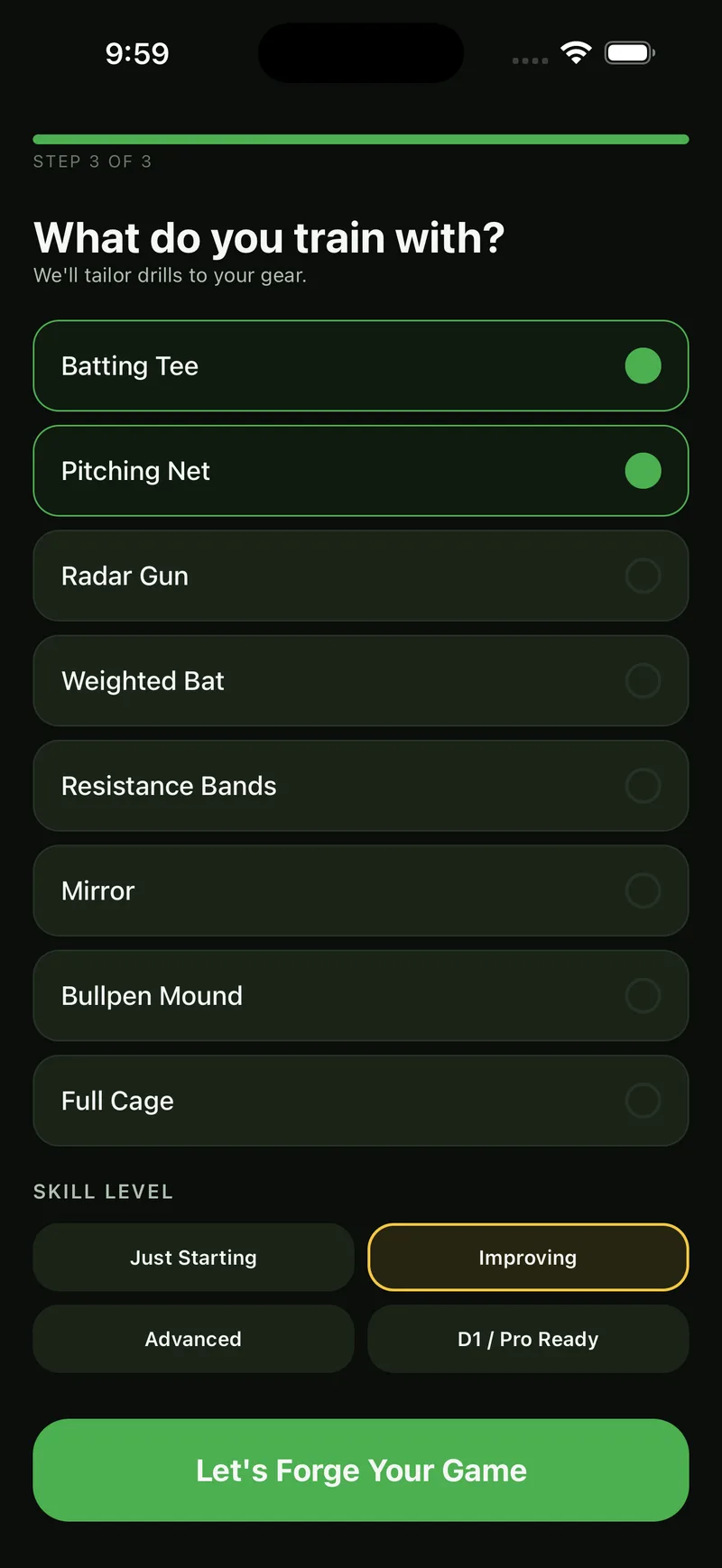 Onboarding step 3 of 3 asking what you train with, with Batting Tee and Pitching Net checked and Improving as the skill level.