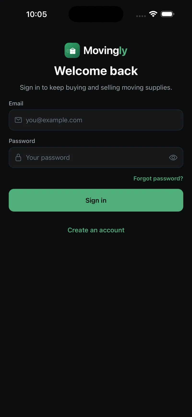 Welcome back sign-in screen with email and password fields and a Create an account link.
