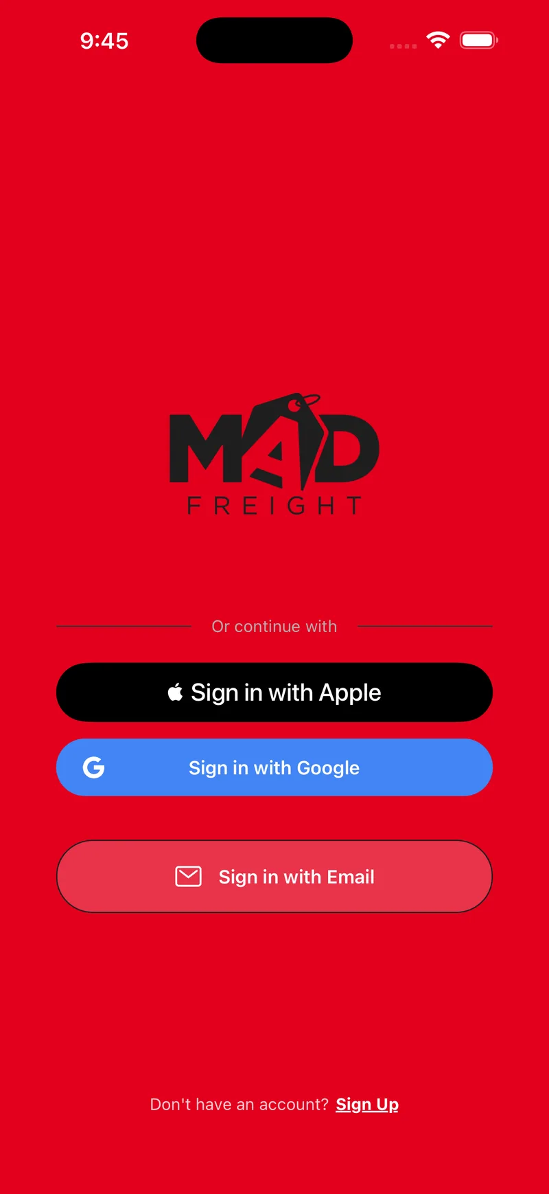Sign-in screen with the MAD Freight logo and buttons for Sign in with Apple, Google, or email.