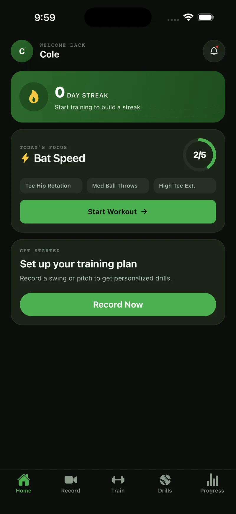 DiamondForge home screen welcoming Cole with a day-streak card, today's focus on bat speed at 2 of 5 drills, and a Start Workout button.