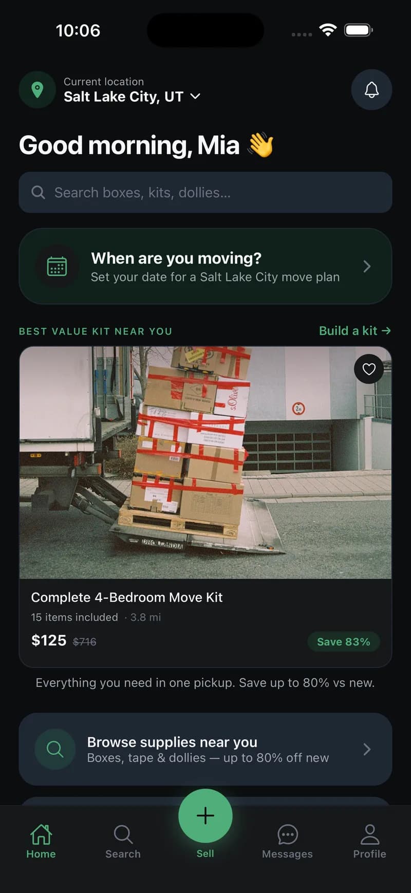 Movingly home screen for Salt Lake City with a search bar, a When are you moving prompt, and a Complete 4-Bedroom Move Kit for $125 saving 83%.