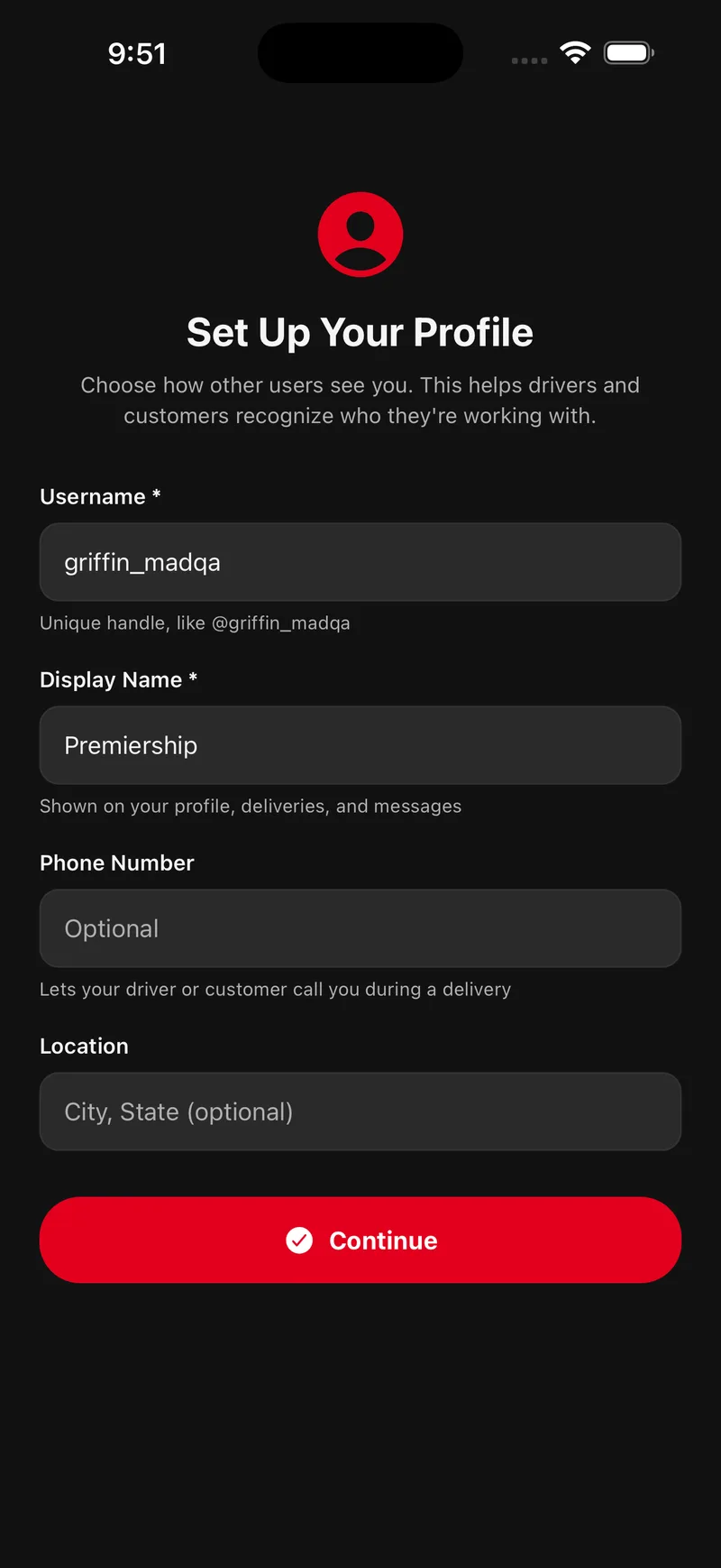 Set Up Your Profile screen with username, display name, optional phone number, and location fields.