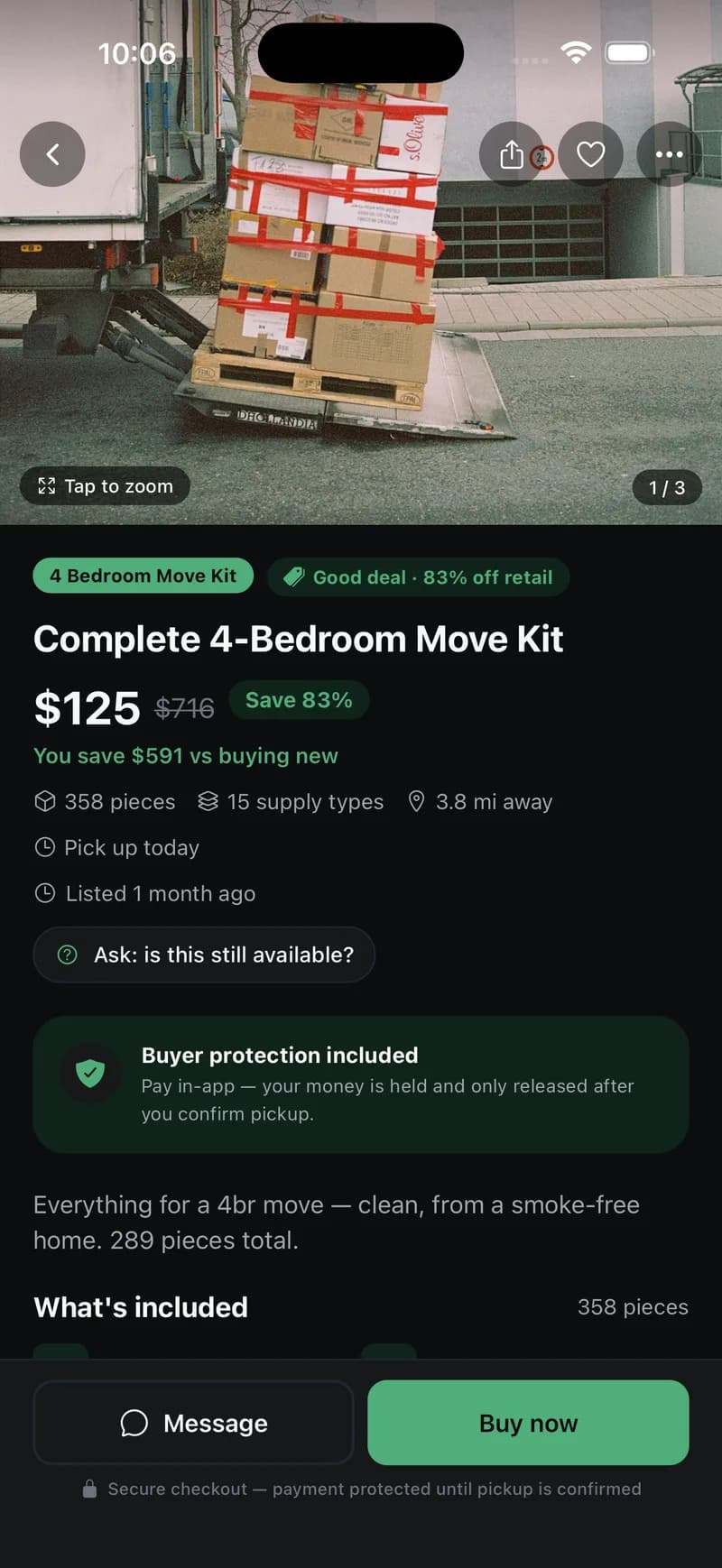 Kit detail for the Complete 4-Bedroom Move Kit: $125 versus $716 retail, 358 pieces, 3.8 miles away, buyer protection, and Message and Buy now buttons.