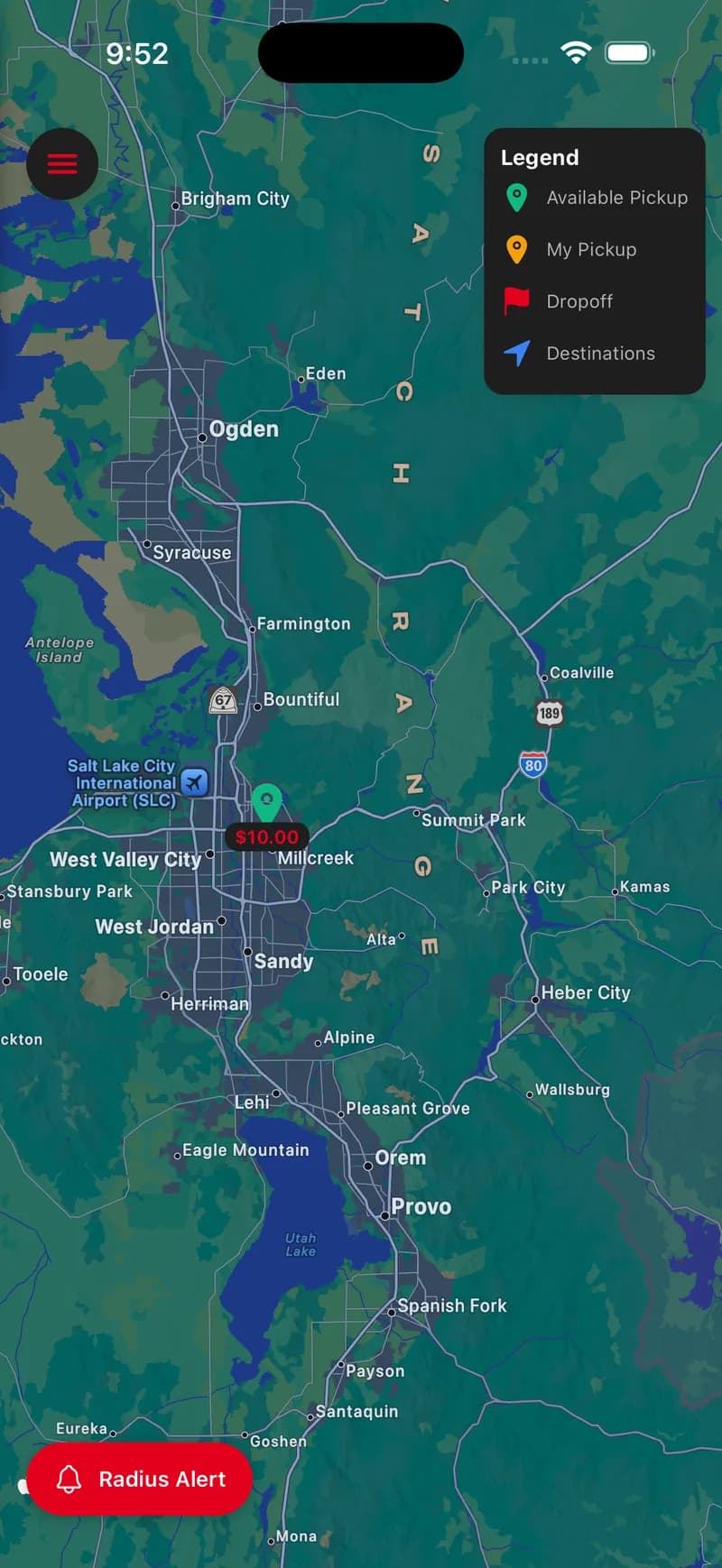 MAD Freight map of the Salt Lake City area with a $10 available pickup pin, a legend for pickups, dropoffs, and destinations, and a Radius Alert button.