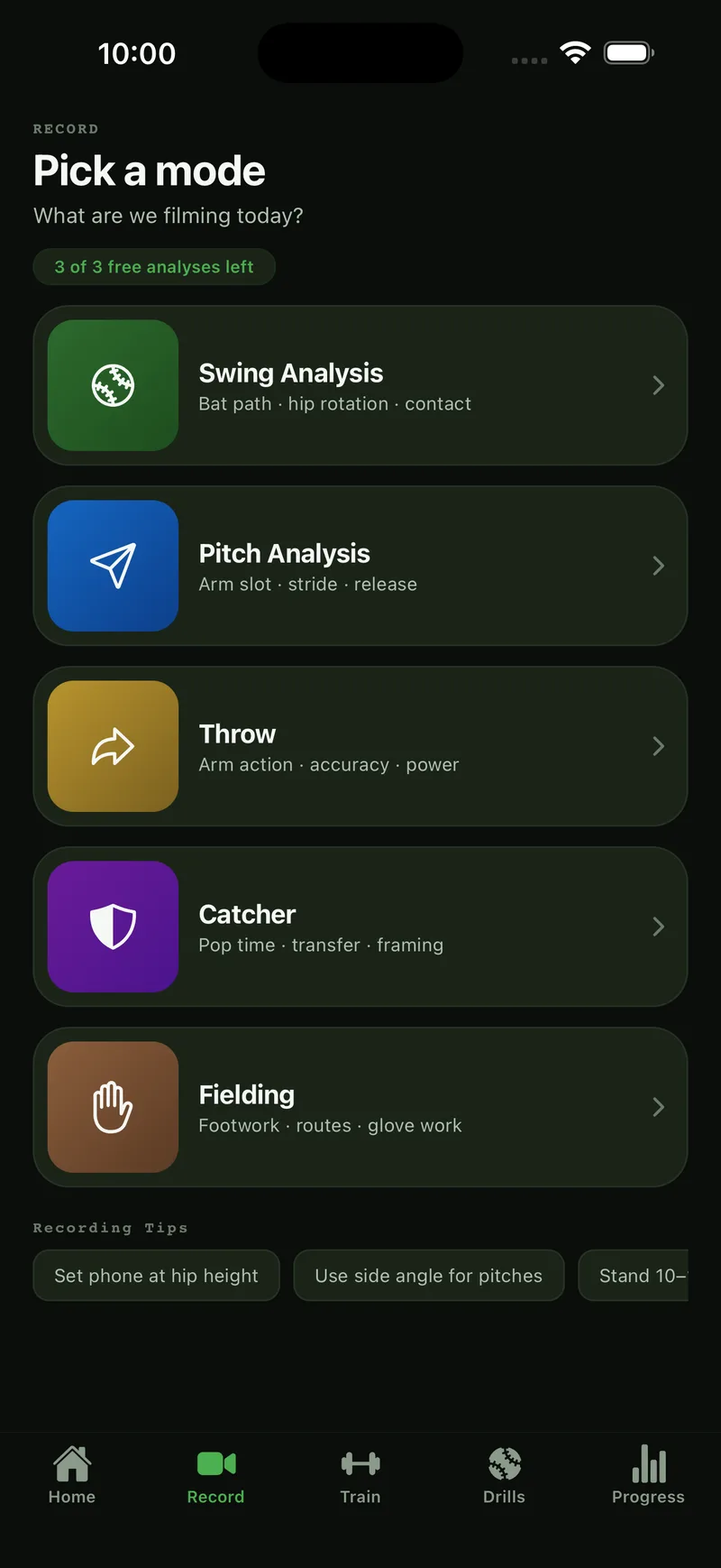 Record screen titled Pick a mode listing Swing Analysis, Pitch Analysis, Throw, Catcher, and Fielding, with 3 of 3 free analyses left.