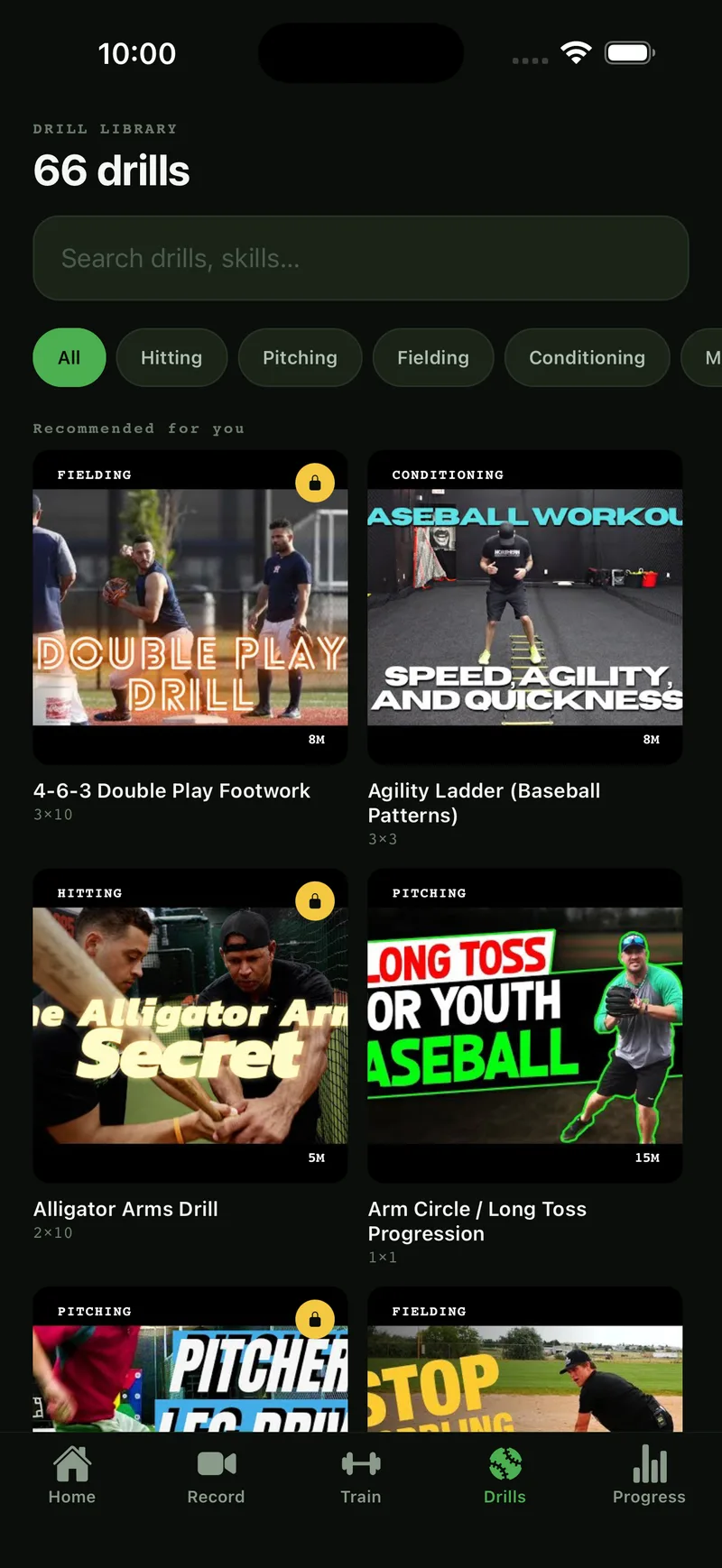 Drill library of 66 drills with category chips and video drill cards such as 4-6-3 Double Play Footwork and Agility Ladder.