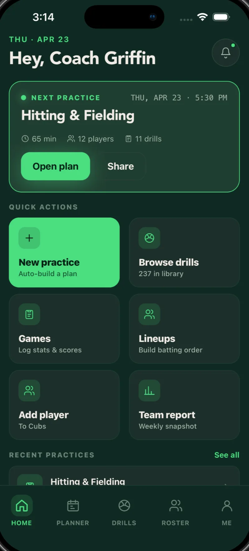 Diamond Coach Pro+: Diamond Coach Pro+ home screen greeting Coach Griffin, showing the next practice, Hitting & Fielding, with quick actions for a new practice, drills, games, and lineups.