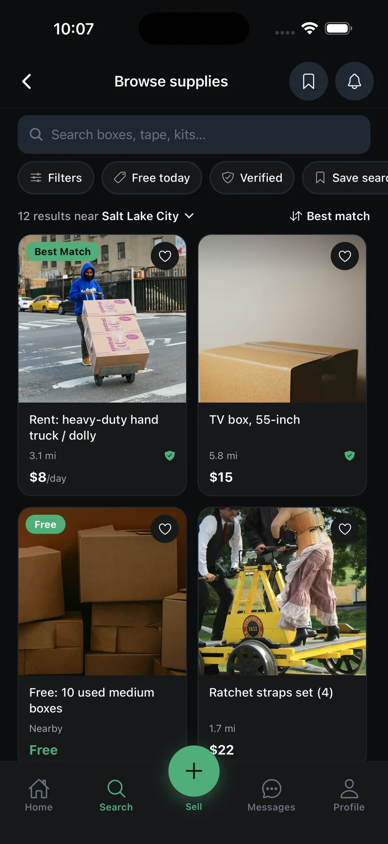 Browse supplies grid near Salt Lake City with filters and listings such as a rental hand truck, a 55-inch TV box, free medium boxes, and ratchet straps.