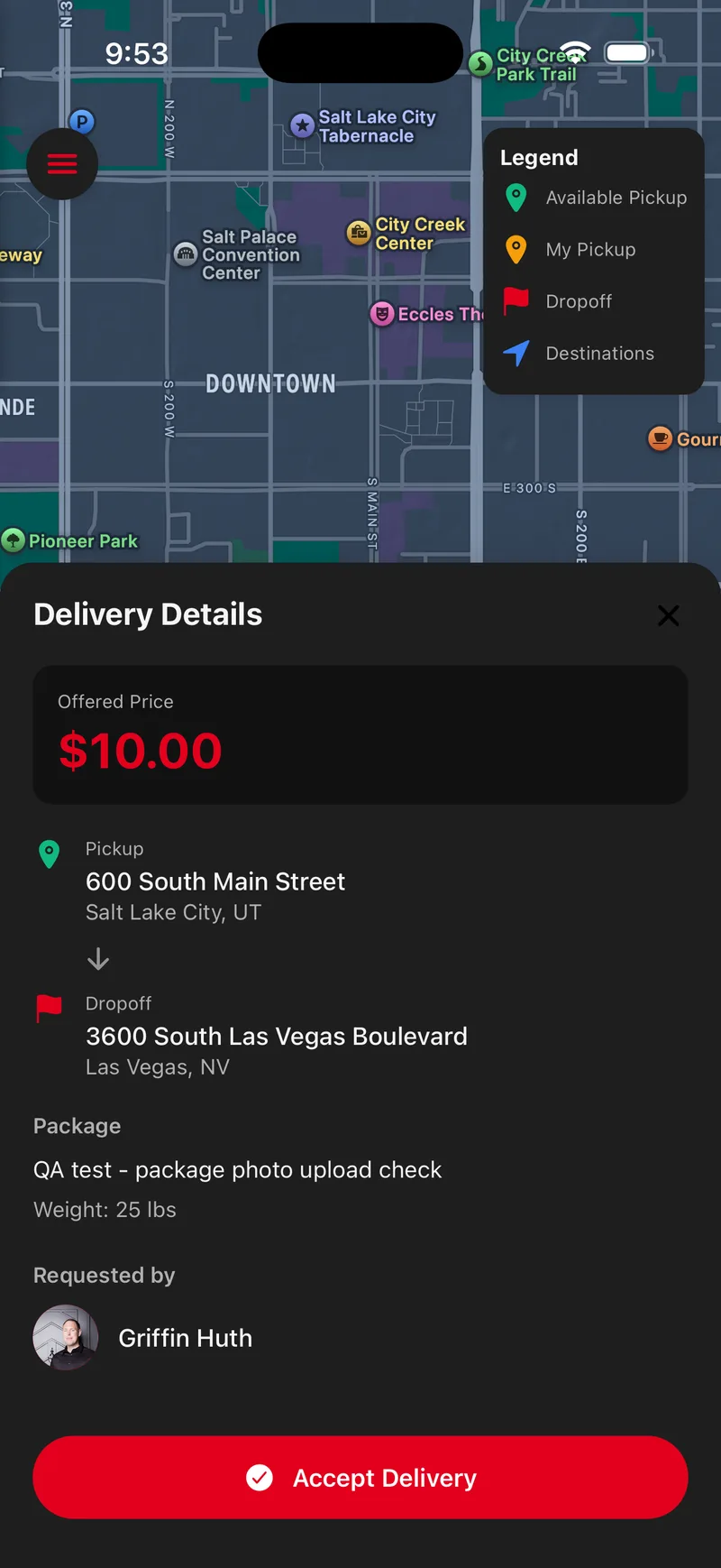 Delivery Details sheet showing a $10 offered price, pickup at 600 South Main Street in Salt Lake City, dropoff in Las Vegas, a 25 lb package, and an Accept Delivery button.