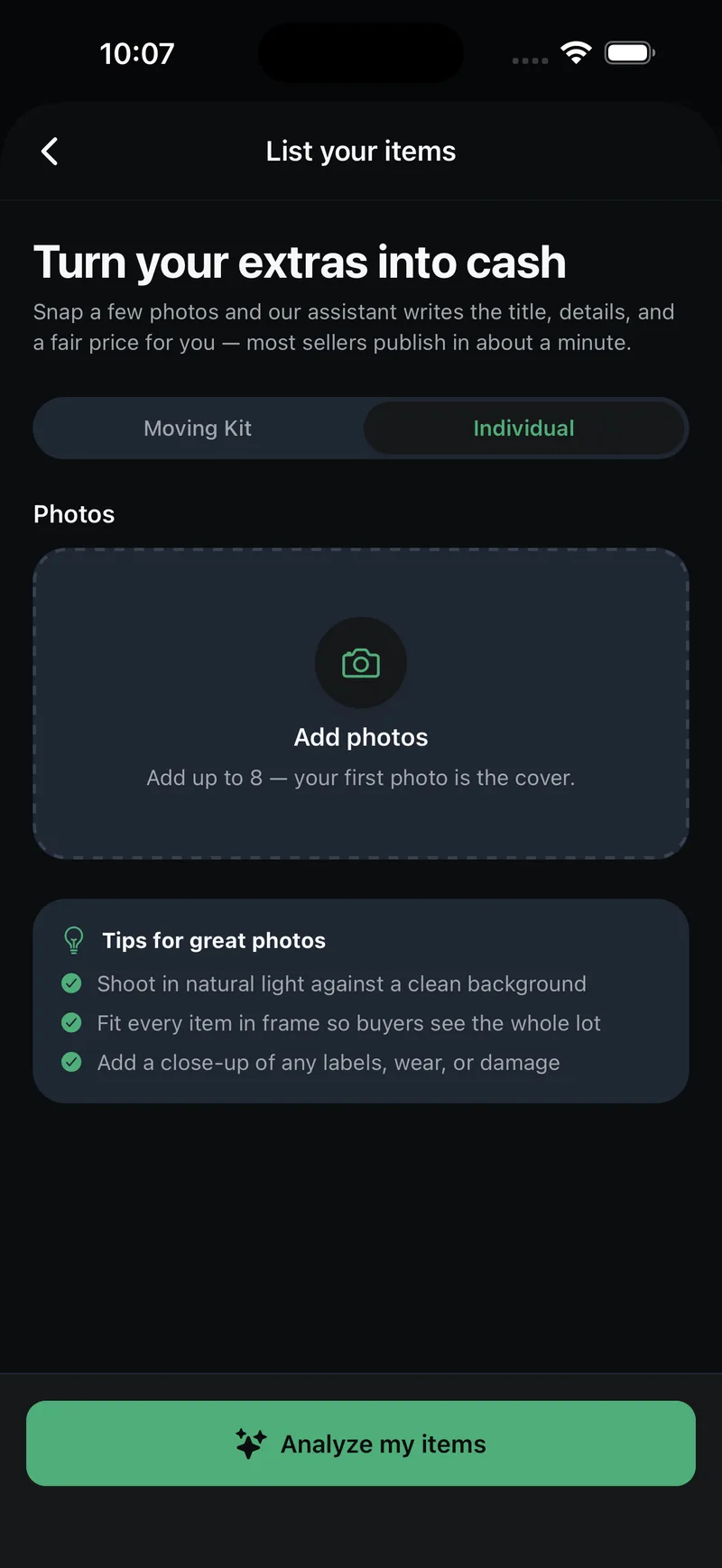 List your items screen titled Turn your extras into cash with a photo uploader, tips for great photos, and an Analyze my items button.