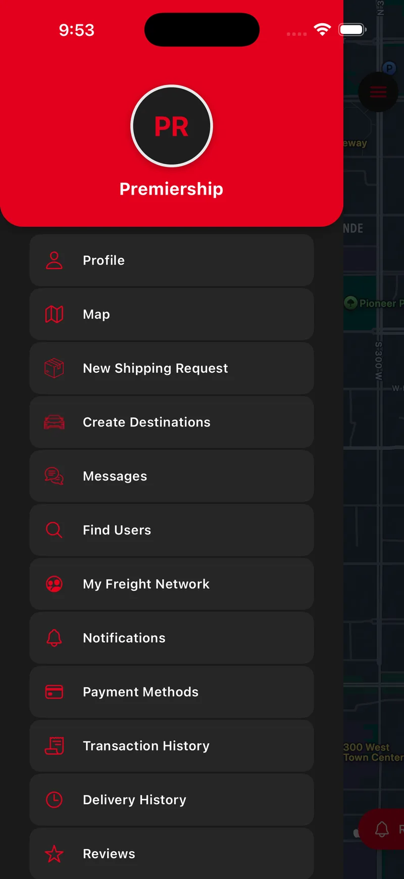 Navigation drawer listing Profile, Map, New Shipping Request, Create Destinations, Messages, Find Users, My Freight Network, Notifications, Payment Methods, and history.