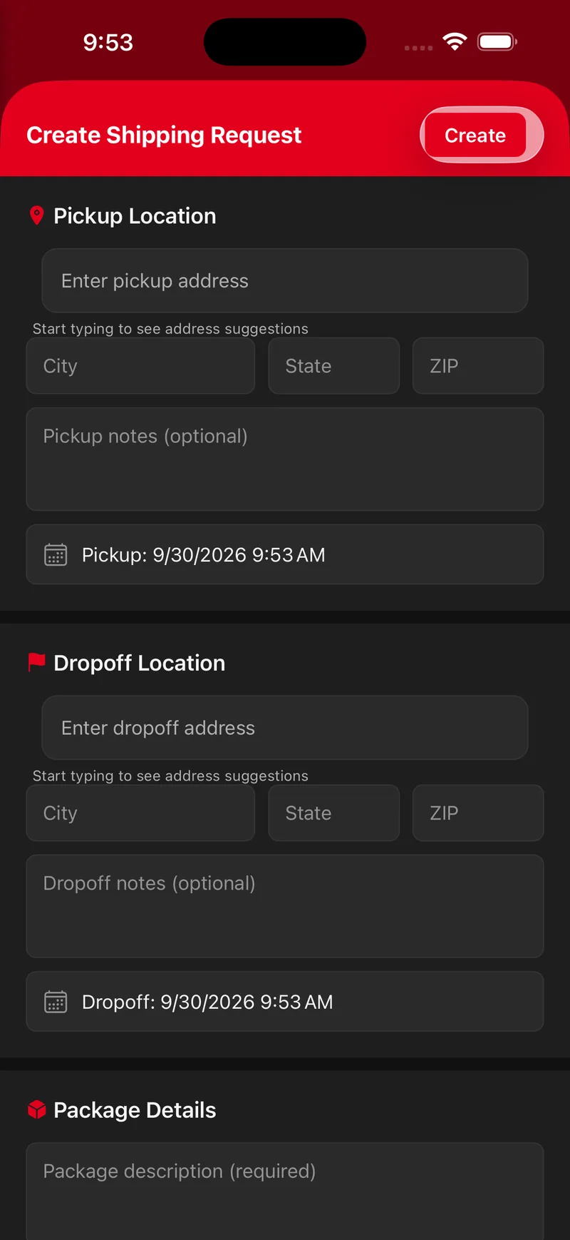 Create Shipping Request form with pickup and dropoff address fields, city, state, and ZIP, notes, dates, and package details.