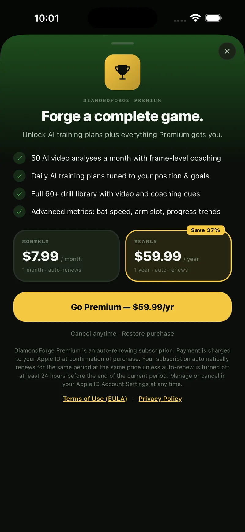 DiamondForge Premium paywall listing 50 AI video analyses a month, daily training plans, the full drill library, and monthly or yearly pricing.